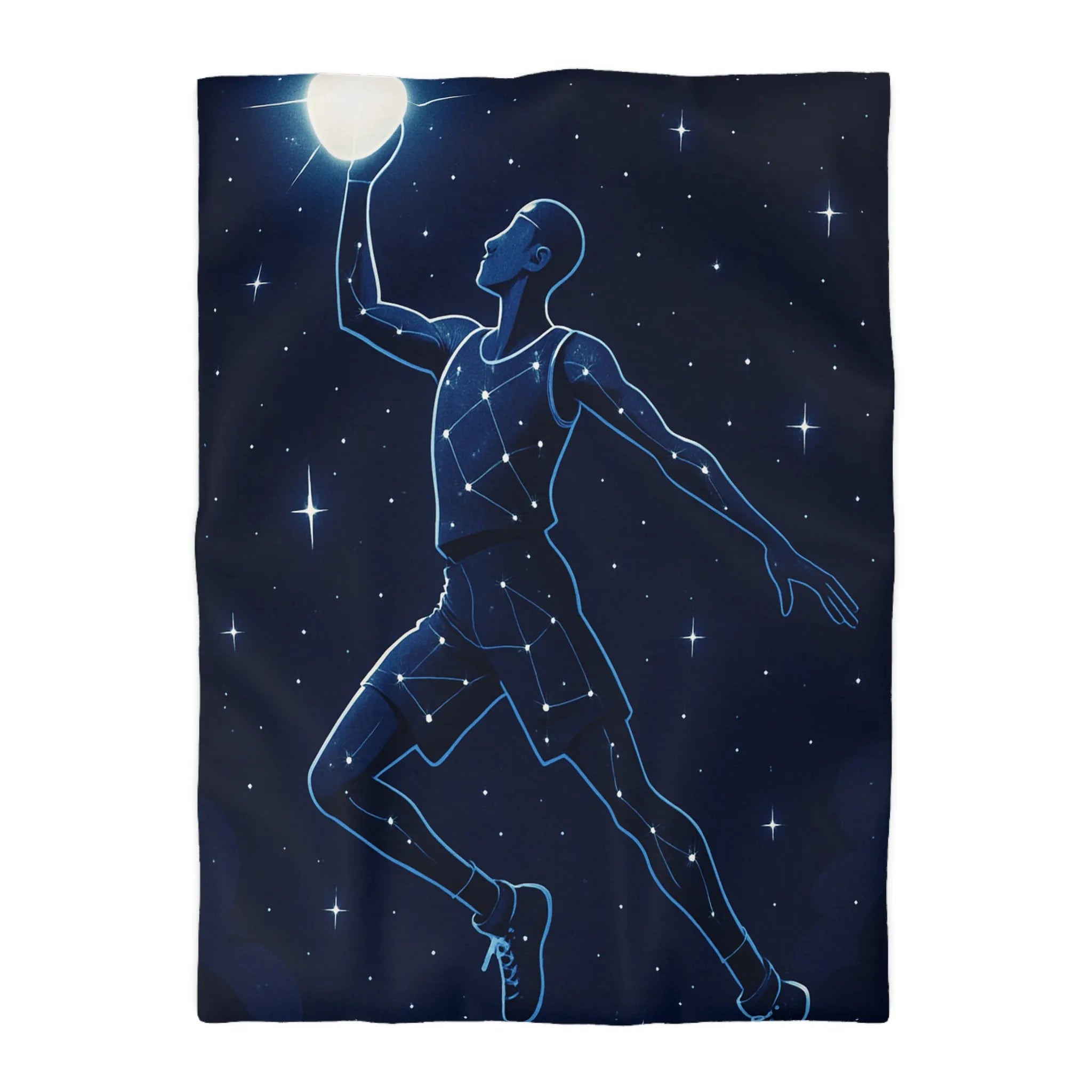 Housse de couette céleste étoilée avec silhouette de joueur de basketball en suspension