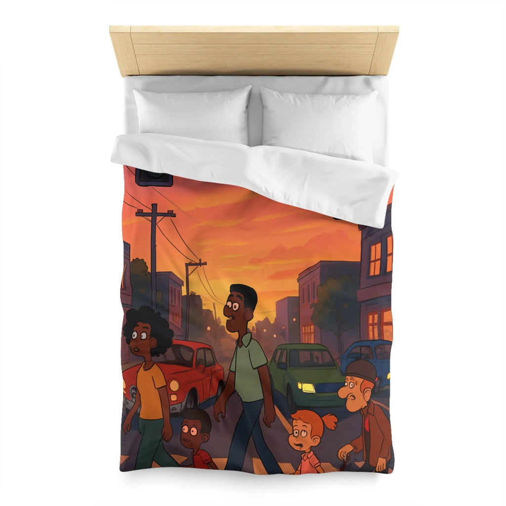 Housse de couette coucher de soleil urbain coloré, personnages divers traversant rue animée
