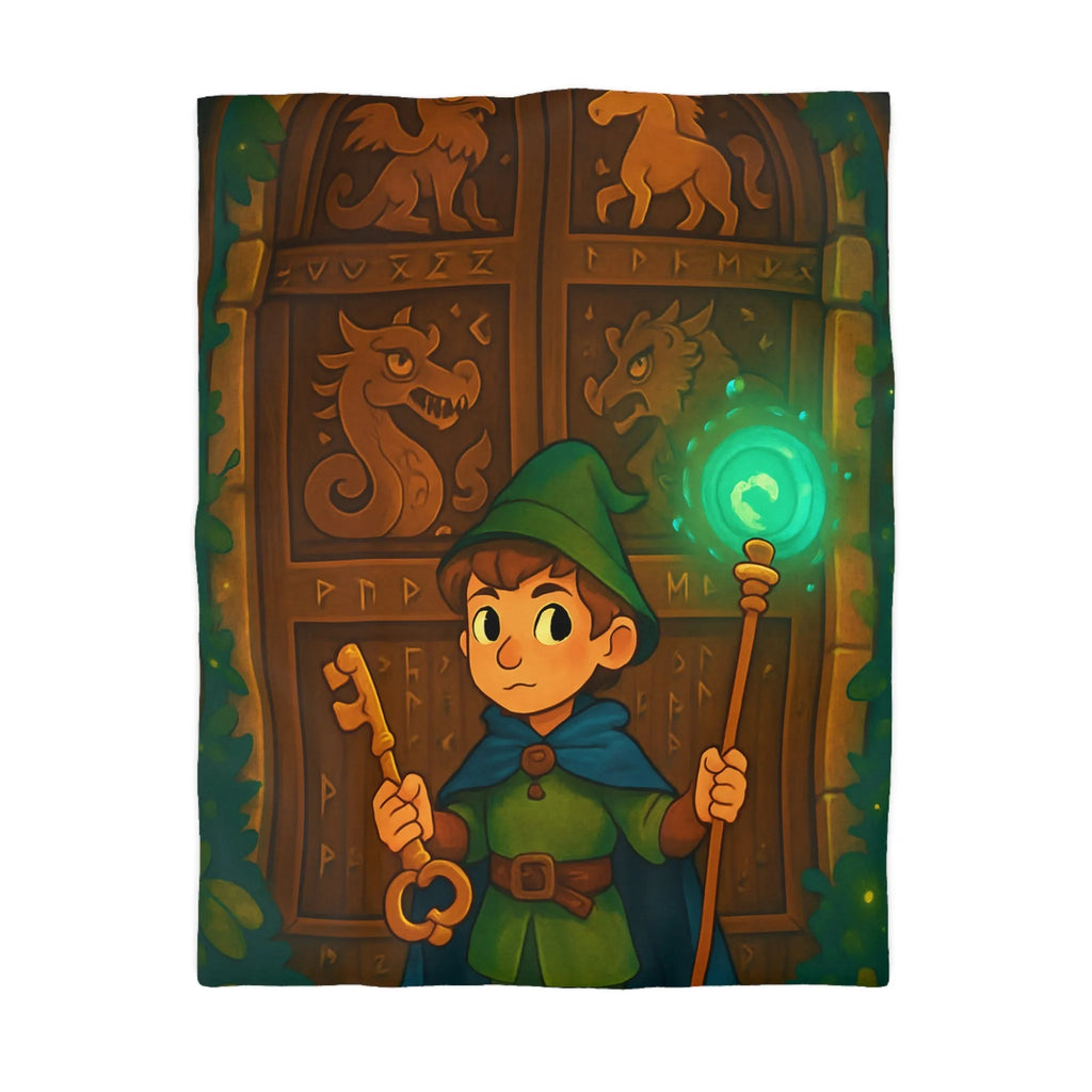 Housse de couette avec illustration enchantée de sorcier devant porte mystérieuse boisée