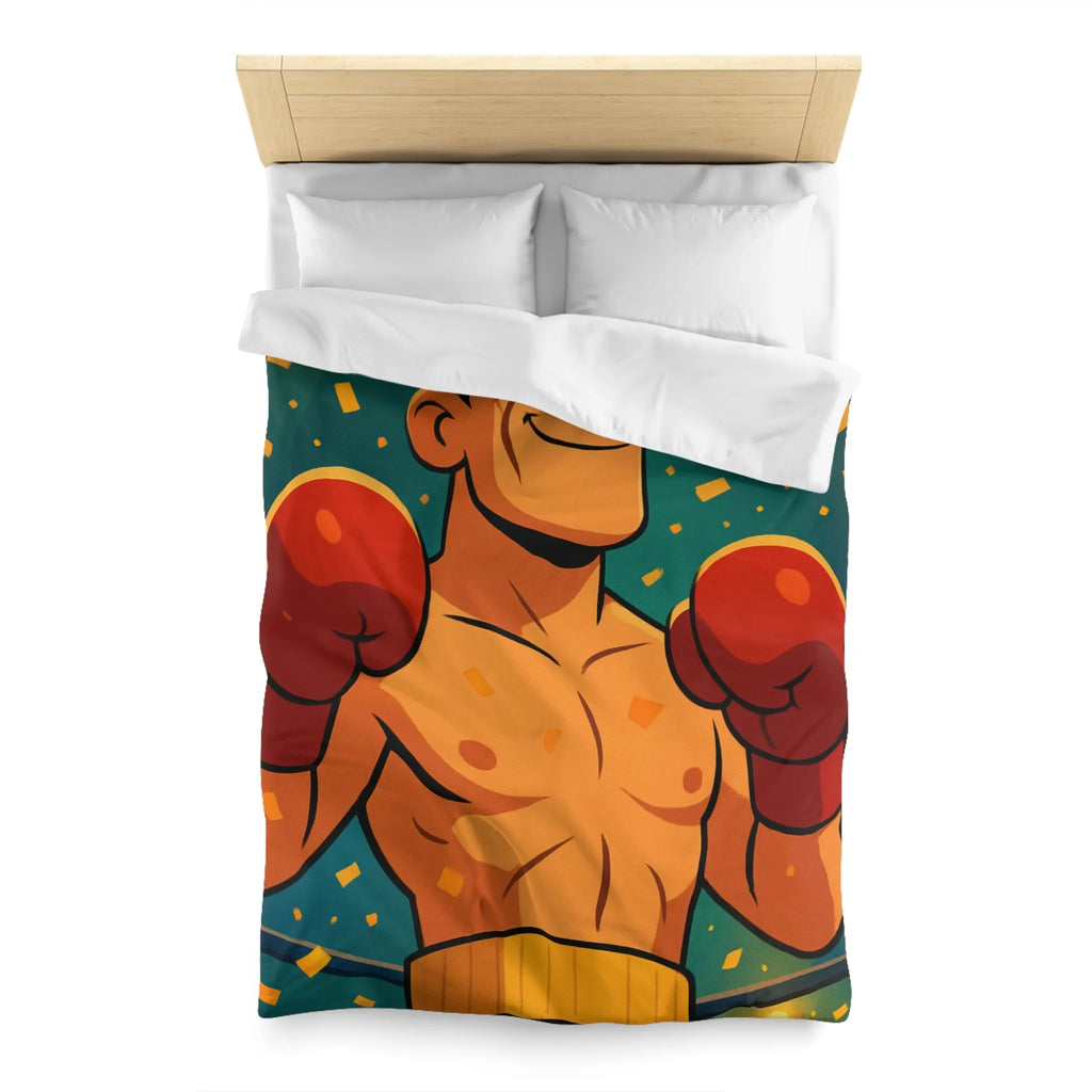 Housse de couette colorée avec boxeur en tenue rouge, ambiance festive dynamique