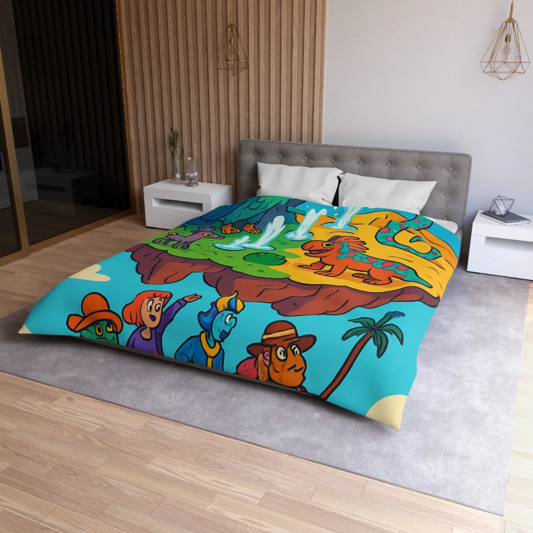 Housse de couette fantaisie avec animaux colorés sur une île flottante magique