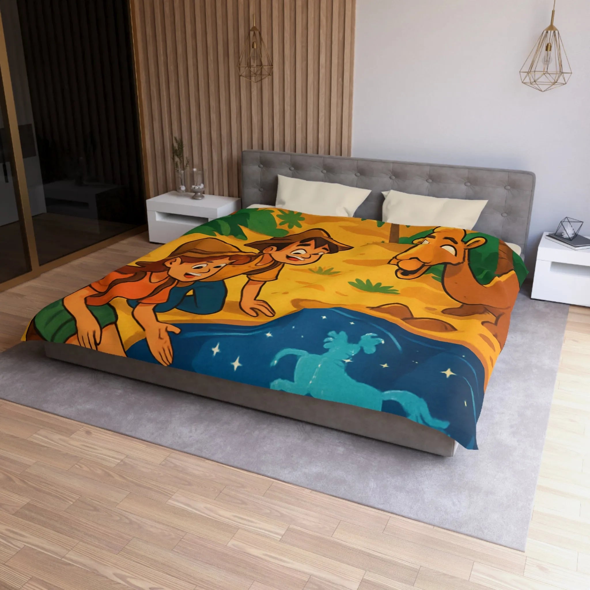 Housse de couette désert exotique enfants étoiles, animaux et aventuriers explorant oasis magique