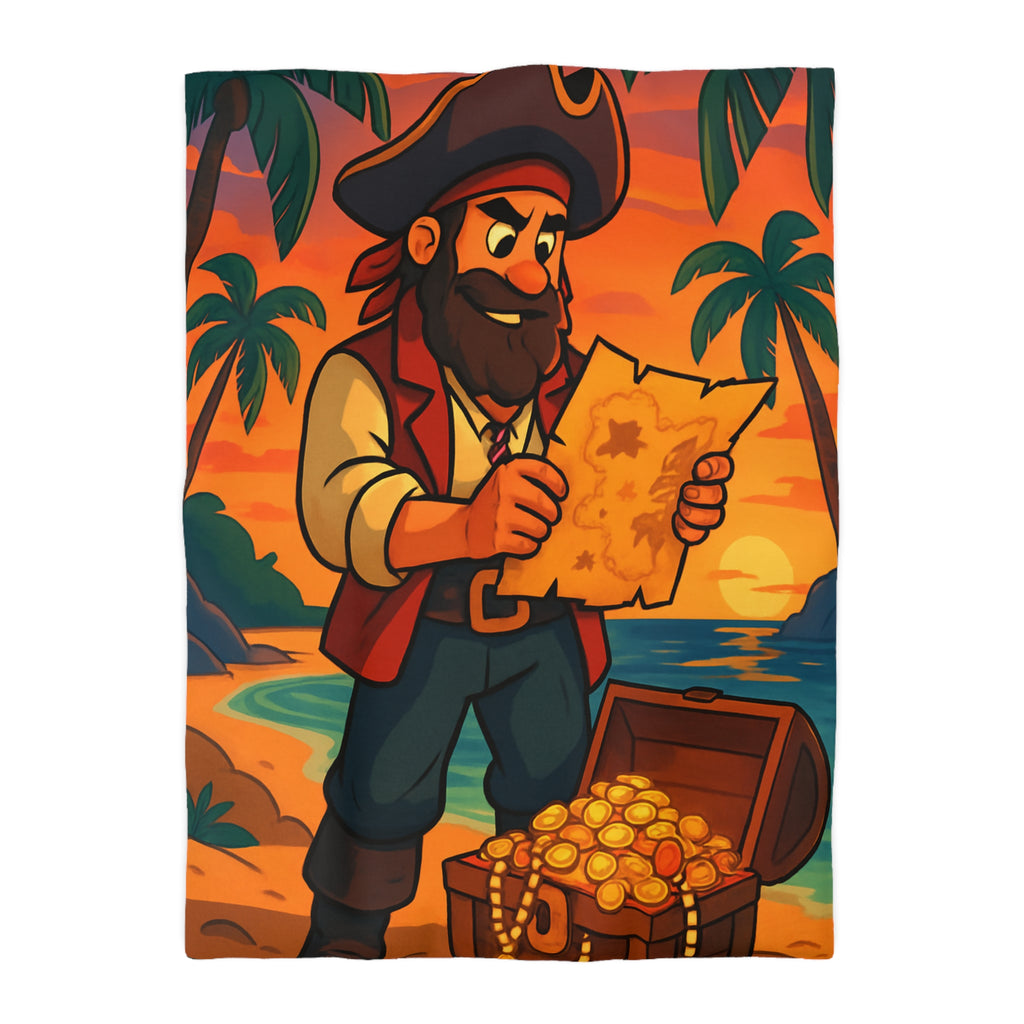 Housse de couette pirate avec coffre au trésor, carte ancienne et palmiers tropicaux