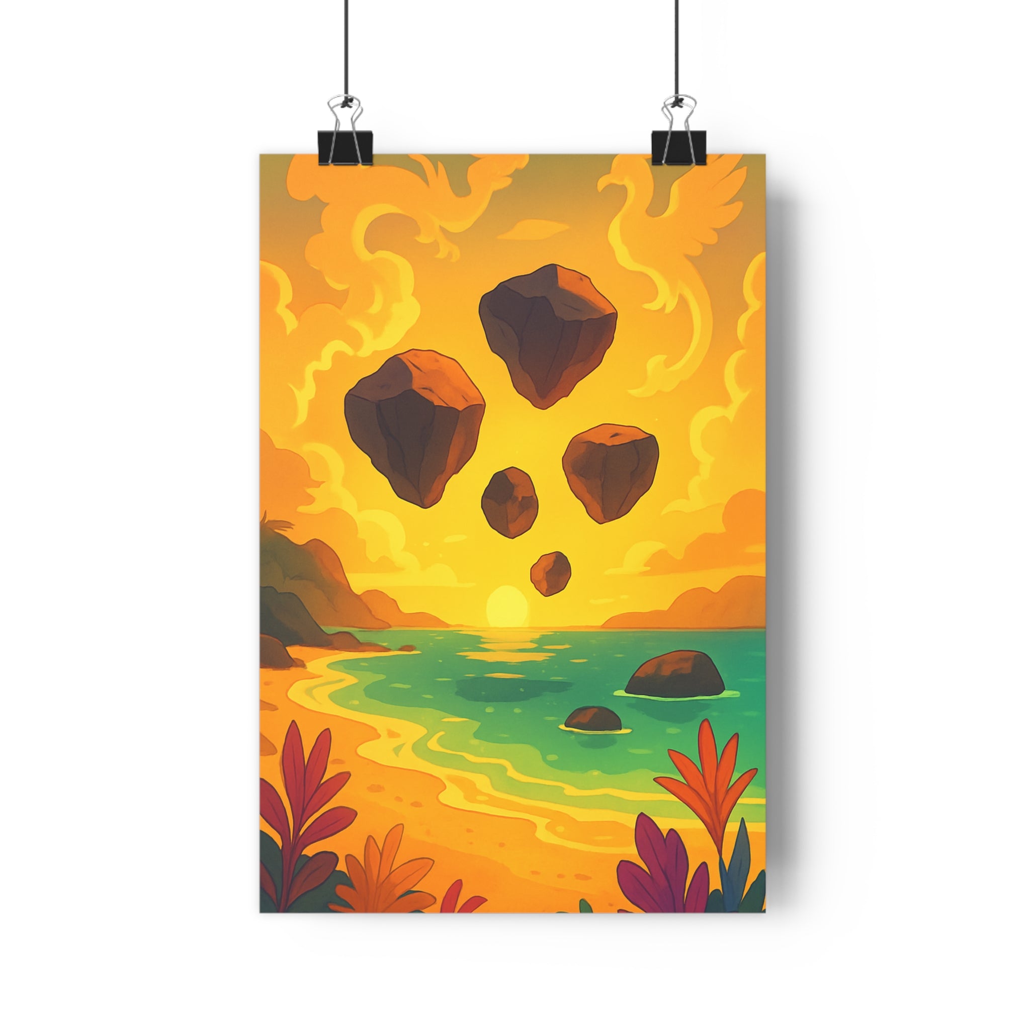 Poster décoratif éthéré paysage fantastique mer coucher soleil rêveur dessin animé pastel chambre qualité