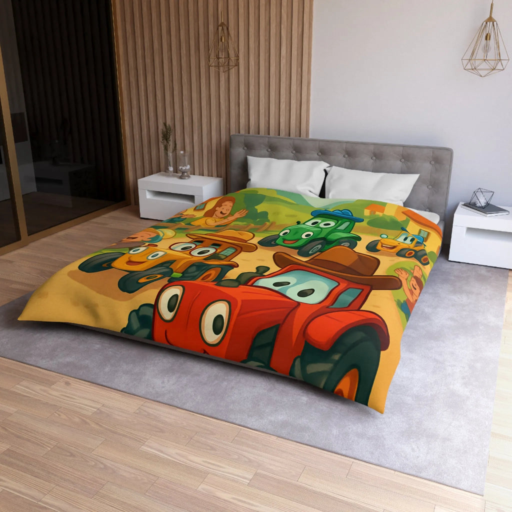 Housse de Couette Enfants Motif Tracteurs Souriants Champs Paysans Ensoleillés et Amusants
