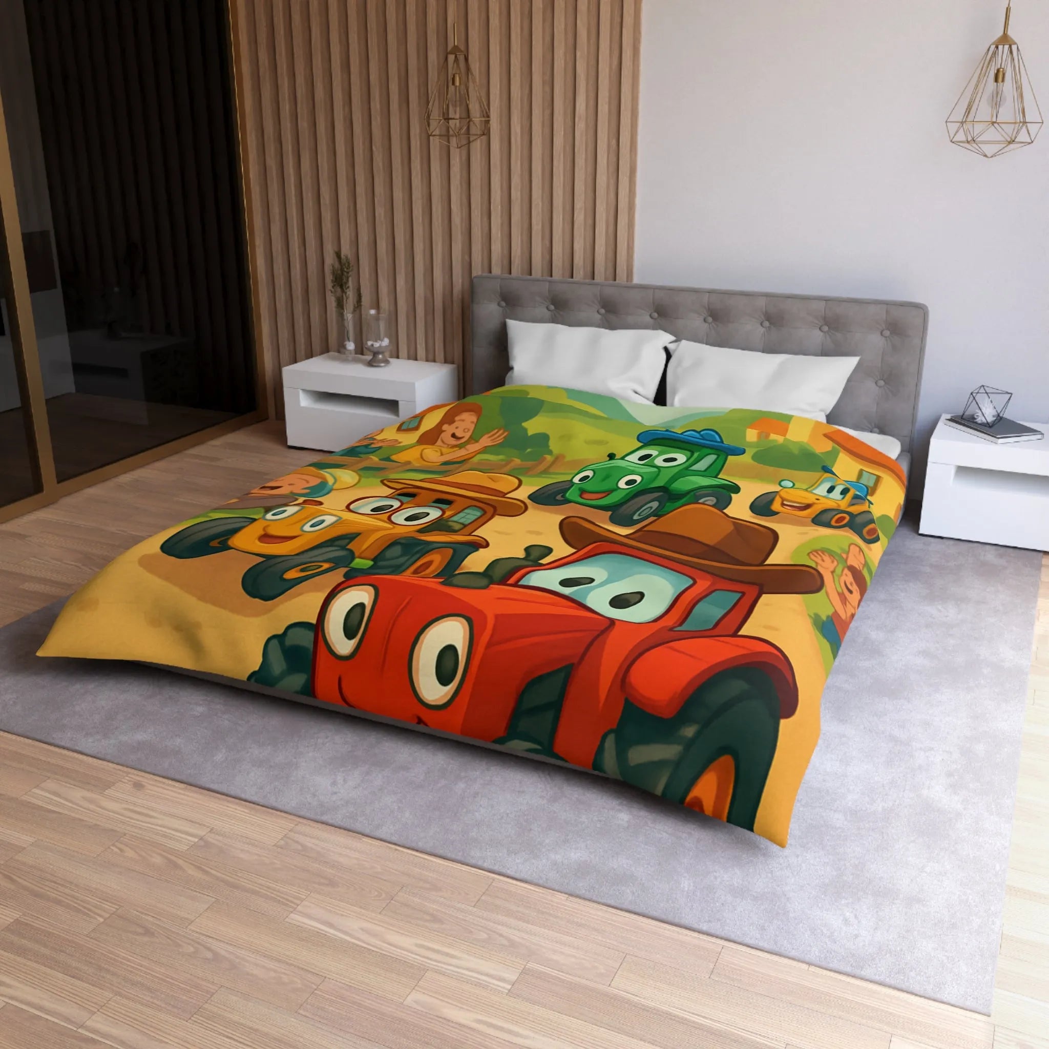 Housse de Couette Enfants Motif Tracteurs Souriants Champs Paysans Ensoleillés et Amusants