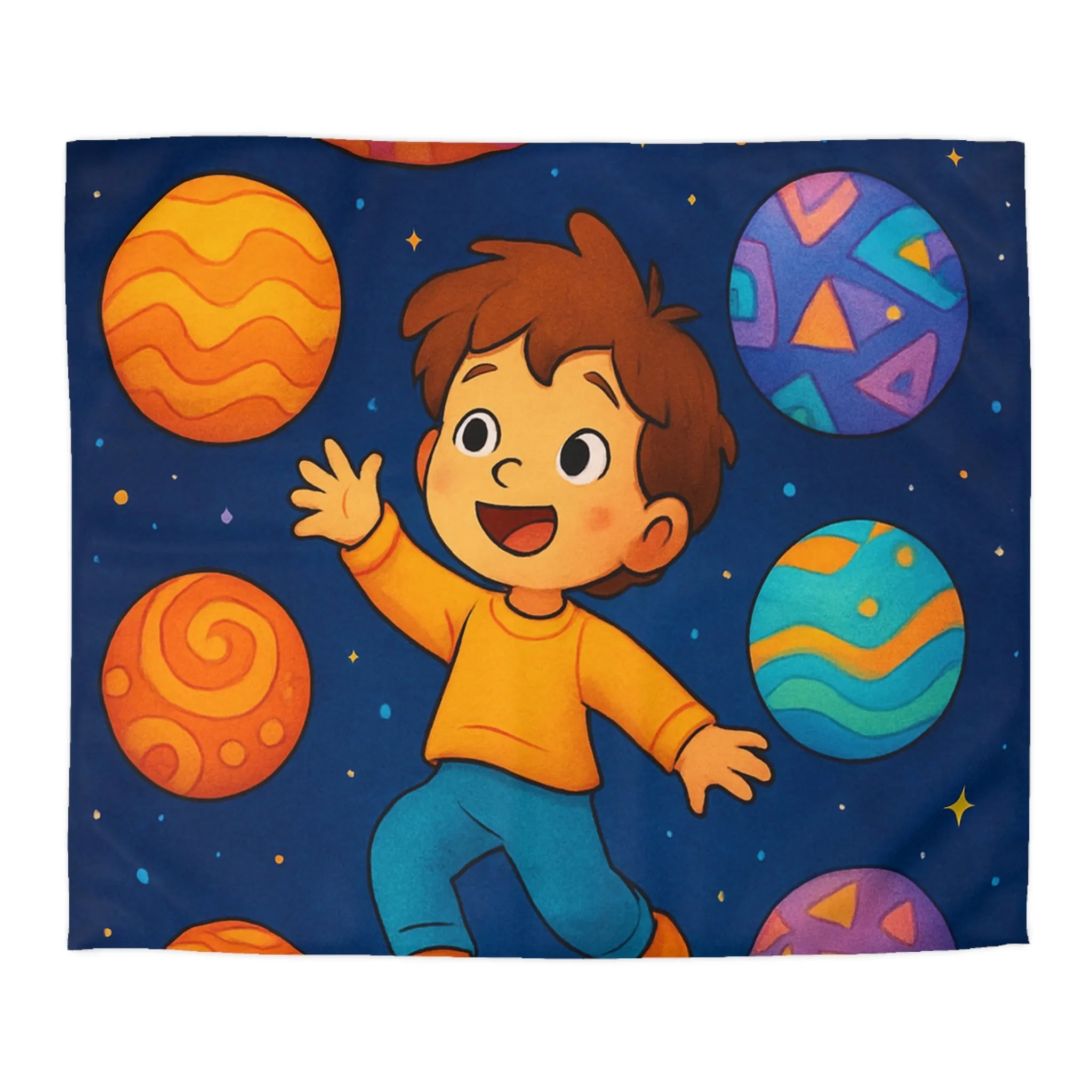 Housse de couette enfant planète colorée avec garçon dans l'espace étoilé vibrant