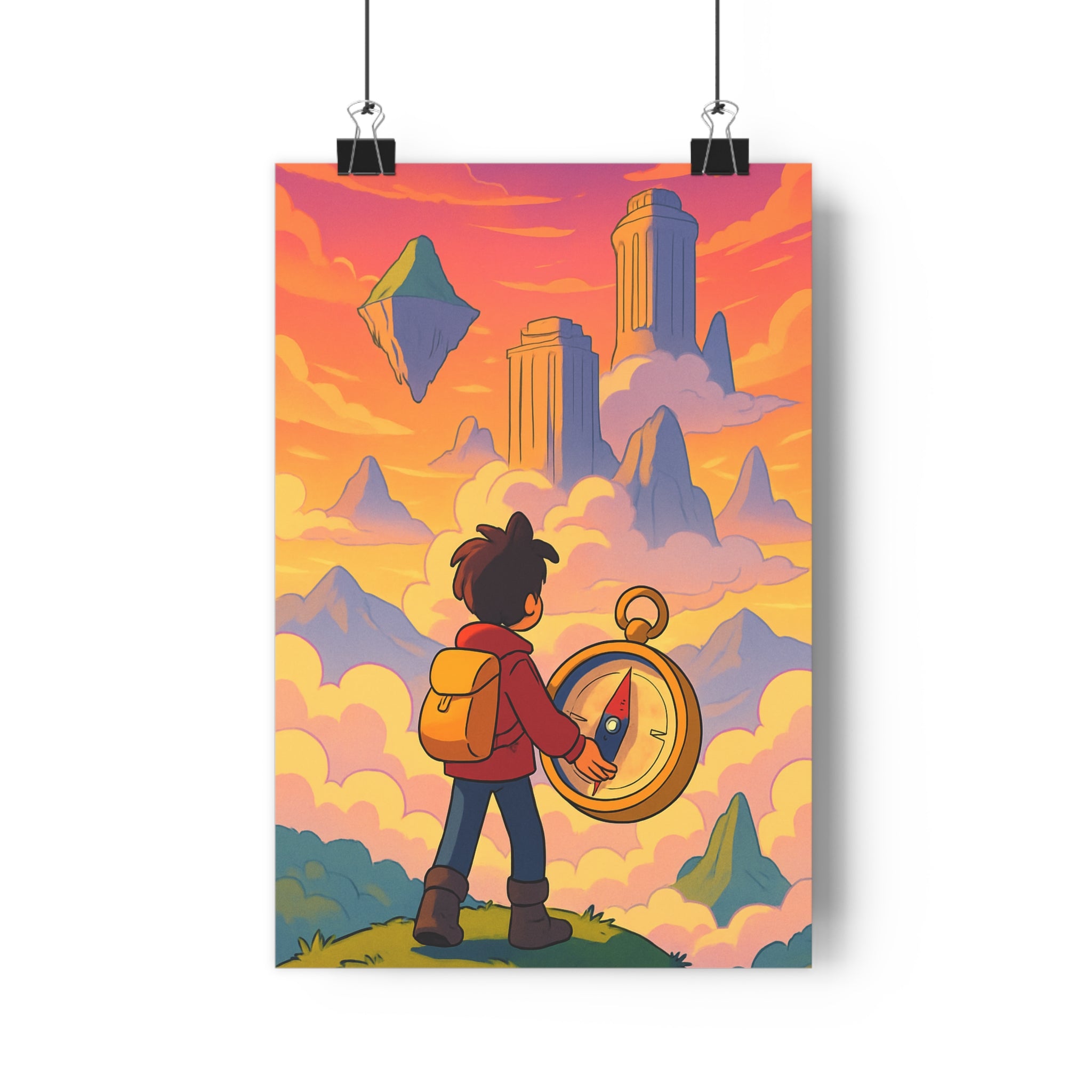 Poster décoratif fantastique aventure cartoon orange rose chambre enfant paysage montagne rêve boussole qualité