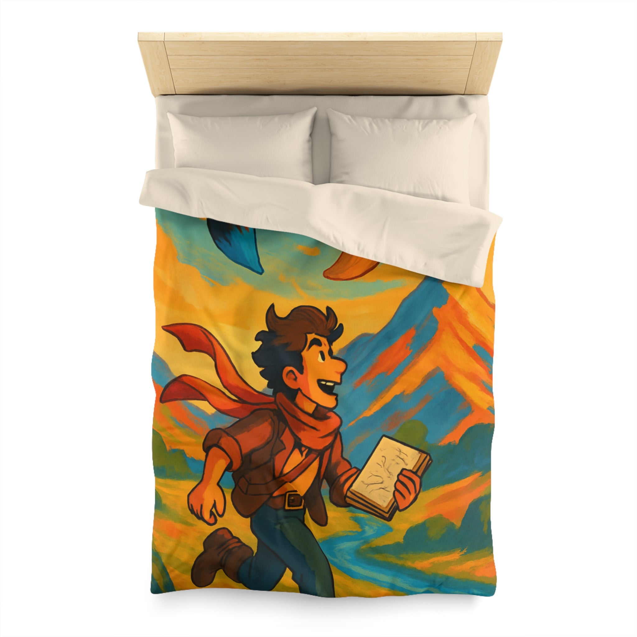 Housse de couette vibrante avec illustration de paysage montagnard et artiste joyeux