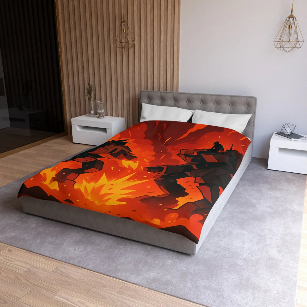 Housse de couette avec robots géants dans un duel épique sous ciel enflammé