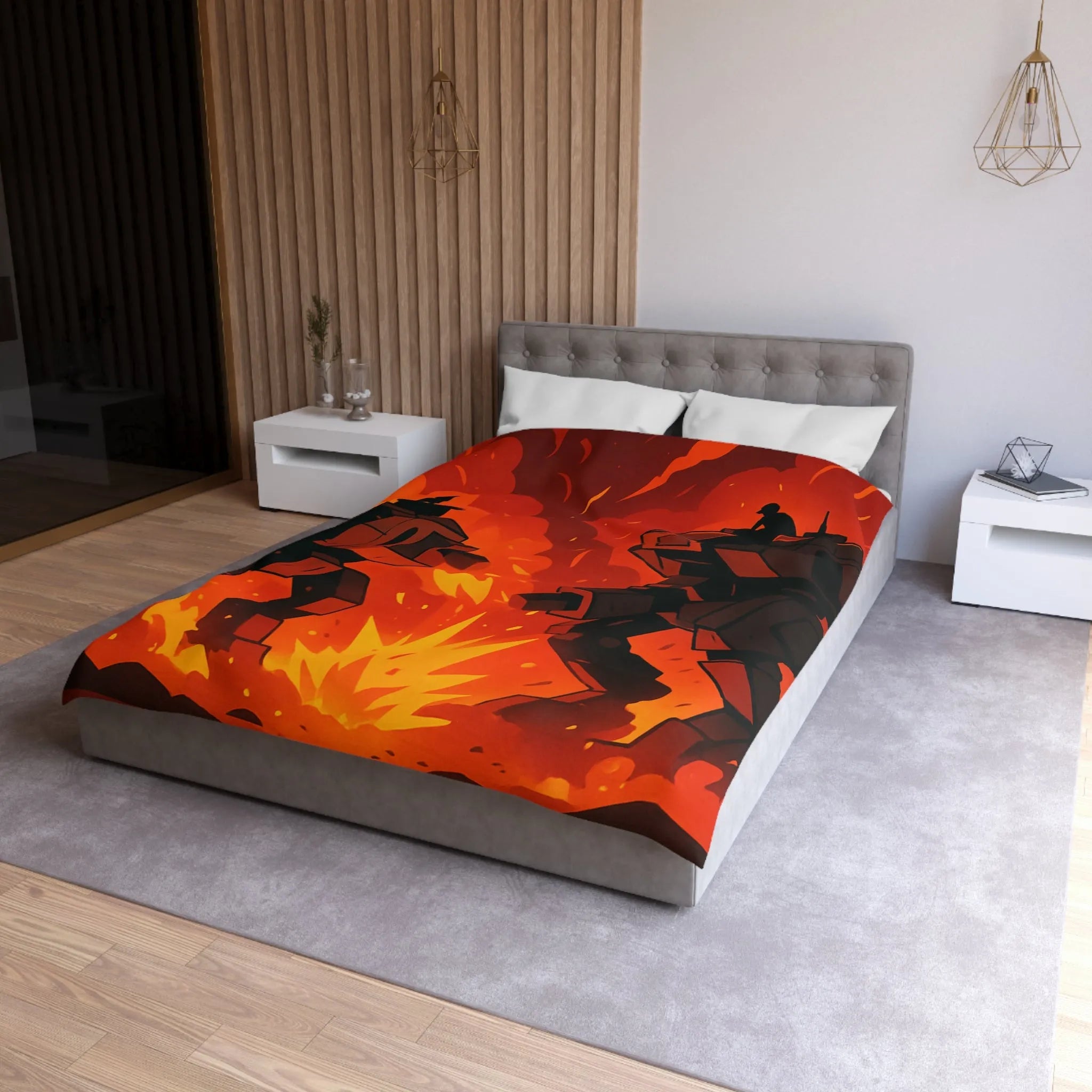 Housse de couette avec robots géants dans un duel épique sous ciel enflammé