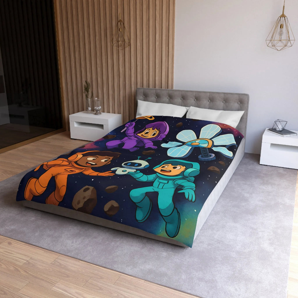 Housse de couette inspirée espace enfants, astronautes colorés, étoiles et planètes joyeuses