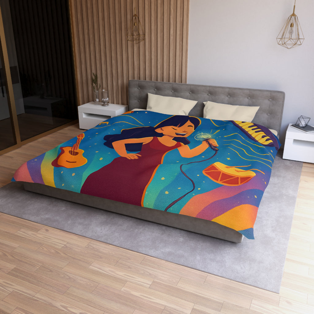 Housse de couette vibrante avec scène musicale, chanteuse et instruments illustrés colorés