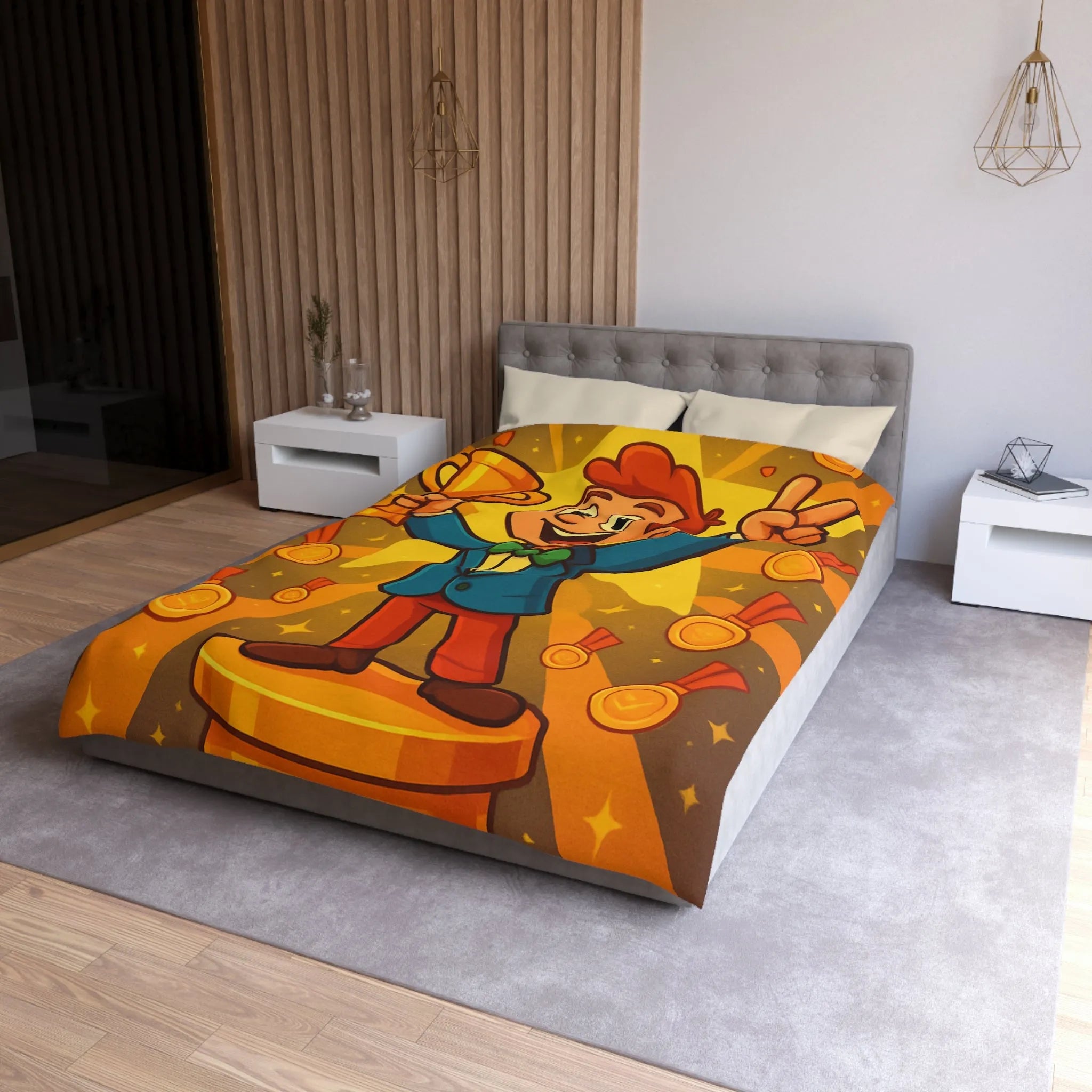 Housse de Couette Enfant avec Illustration Jeune Champion Débordant de Joie et Médailles