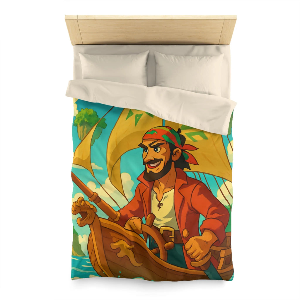 Housse de couette colorée avec pirate en bateau sur mer et îles flottantes