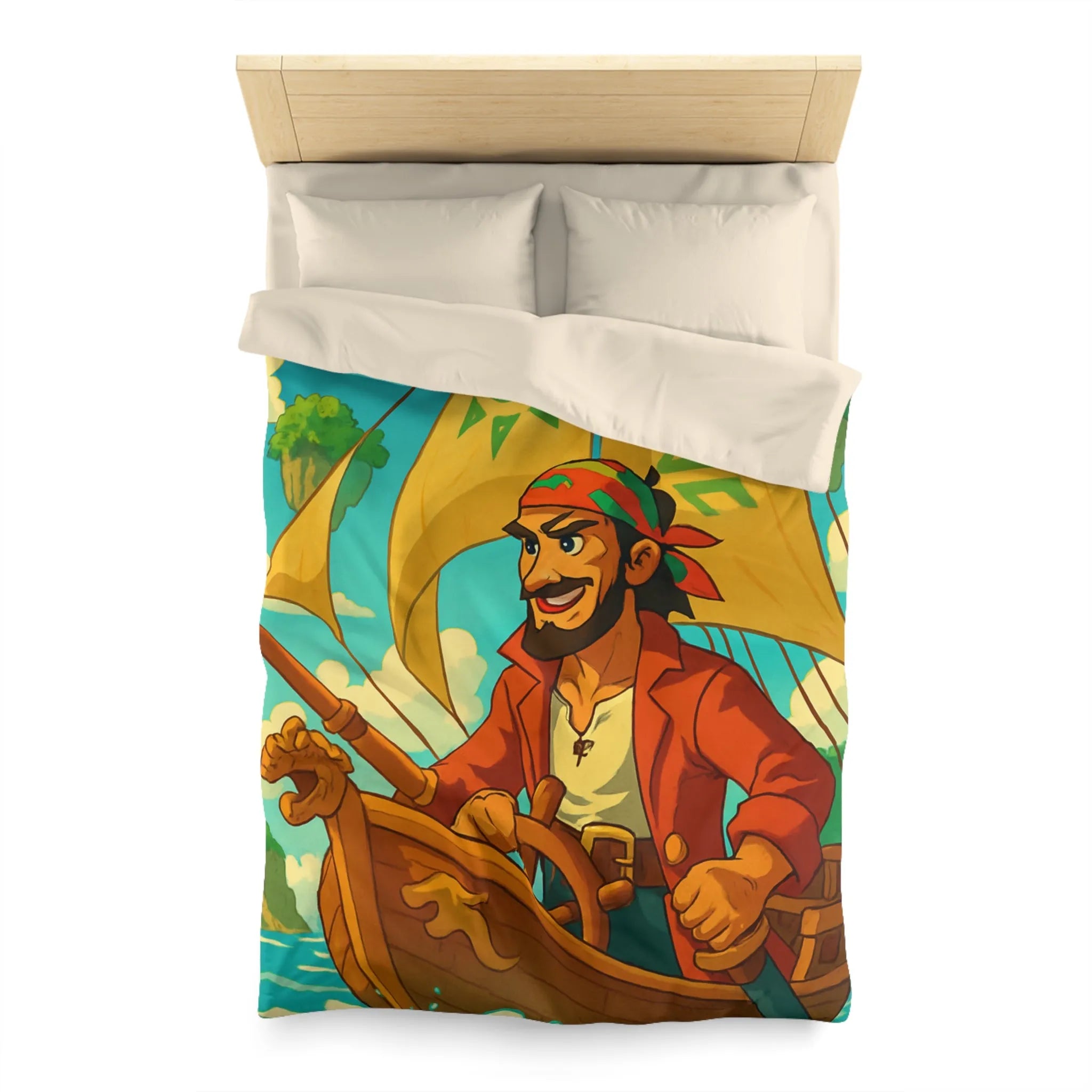 Housse de couette colorée avec pirate en bateau sur mer et îles flottantes