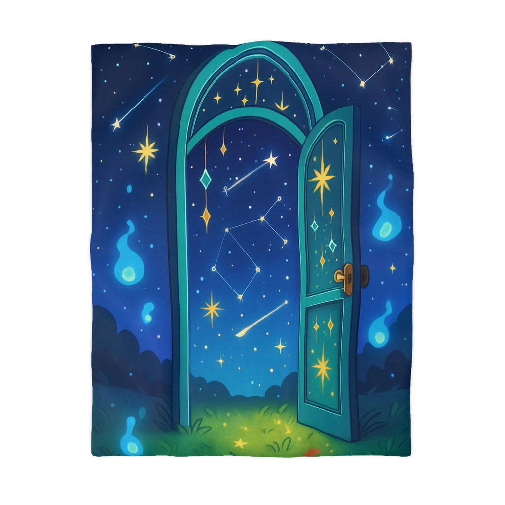 Housse de couette magique avec porte ouverte sur ciel étoilé bleu et constellations