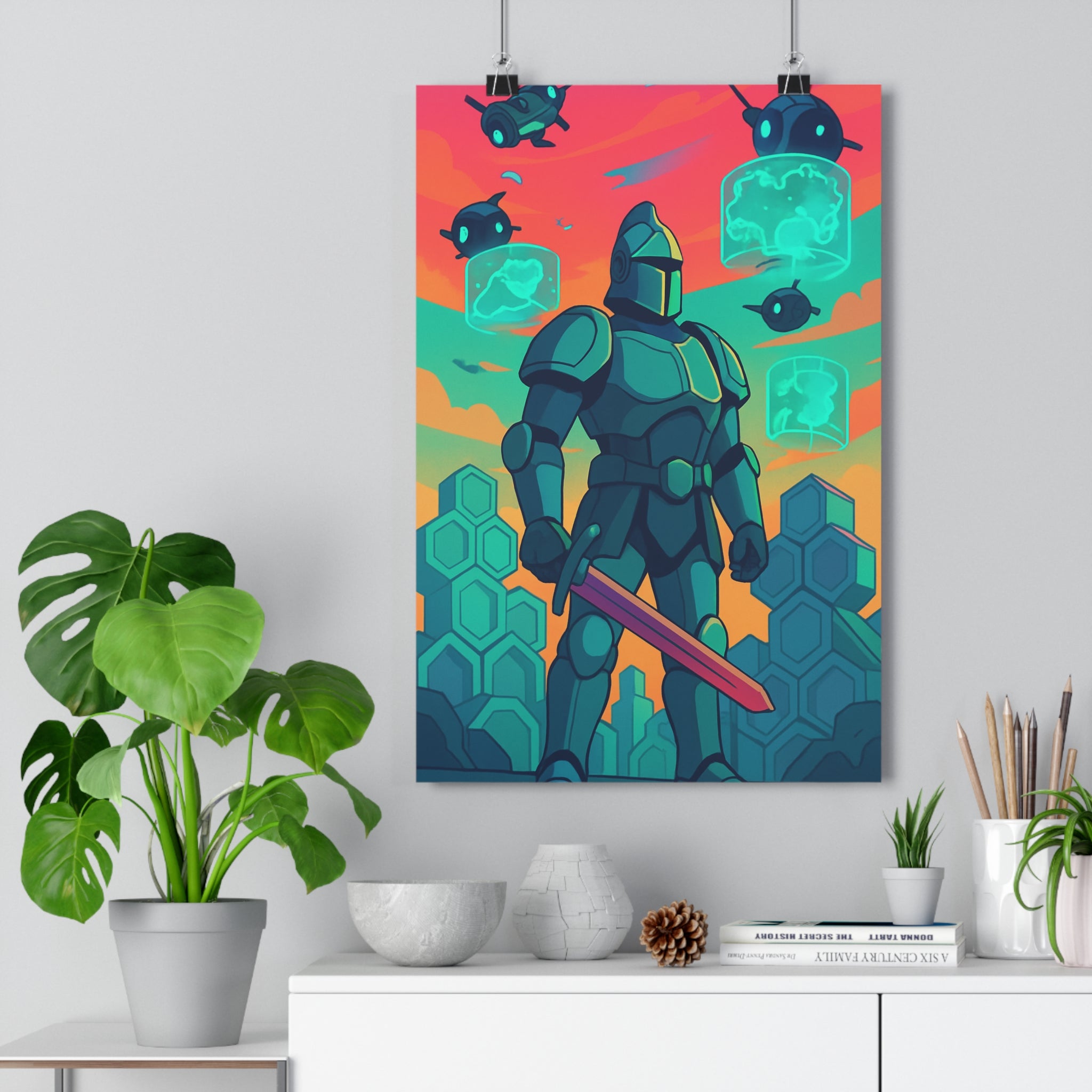 Poster décoratif chevalier futuriste rose bleu vert épée salon bureau moderne aventure 30x46 ambiance