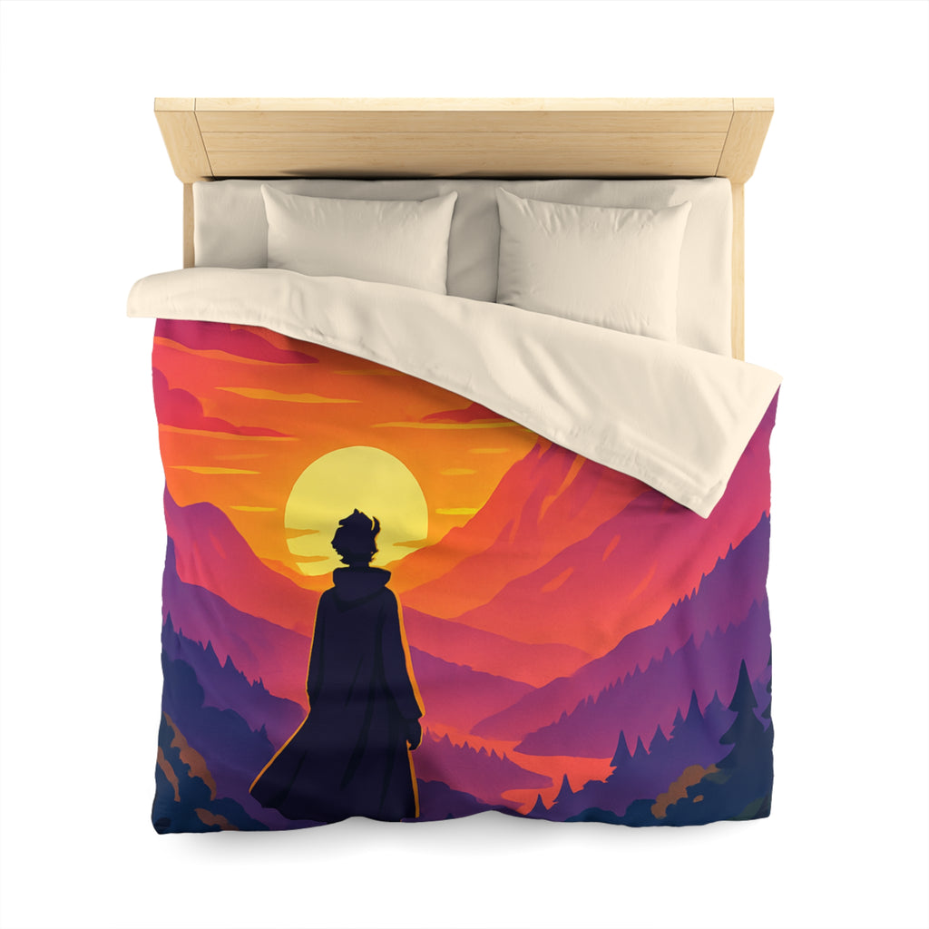 Housse de couette montagnes coucher de soleil silhouette homme paysage artistique vibrant