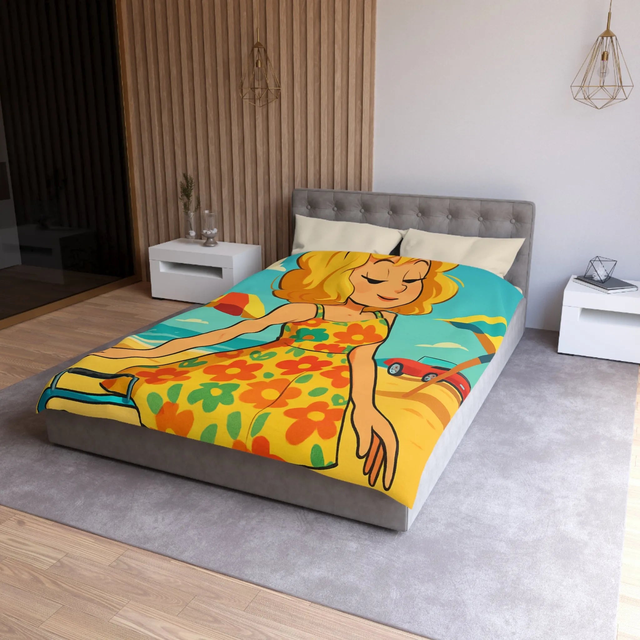 Housse de couette bohème rétro avec motif floral et ambiance plage ensoleillée