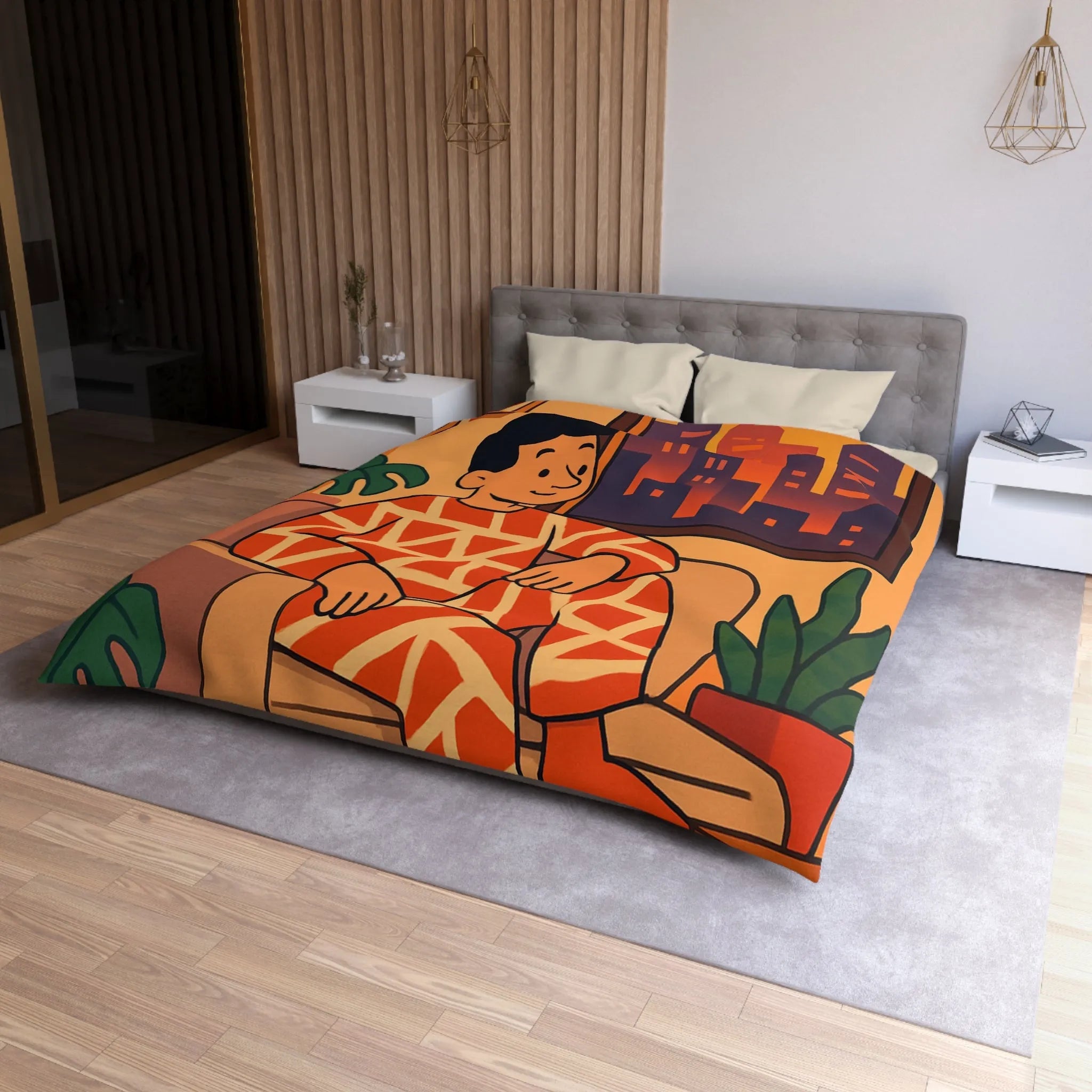 Housse de couette aux motifs géométriques avec scène de coucher de soleil en ville