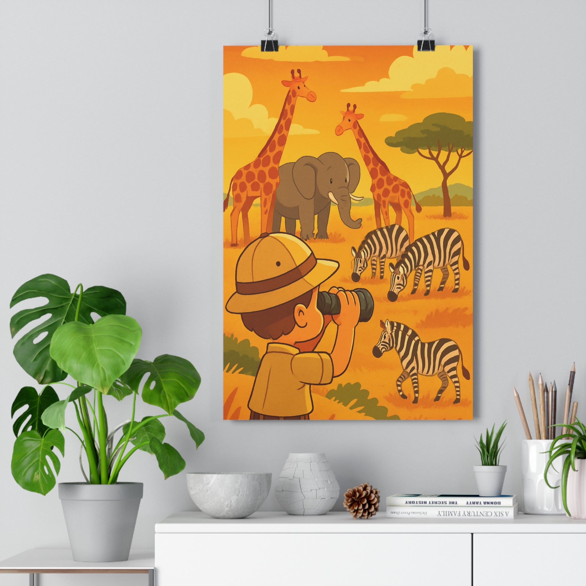 Poster décoratif cartoon savane aventure enfant animaux girafes zèbres éléphant jumelles chambre lumineux chaleureux