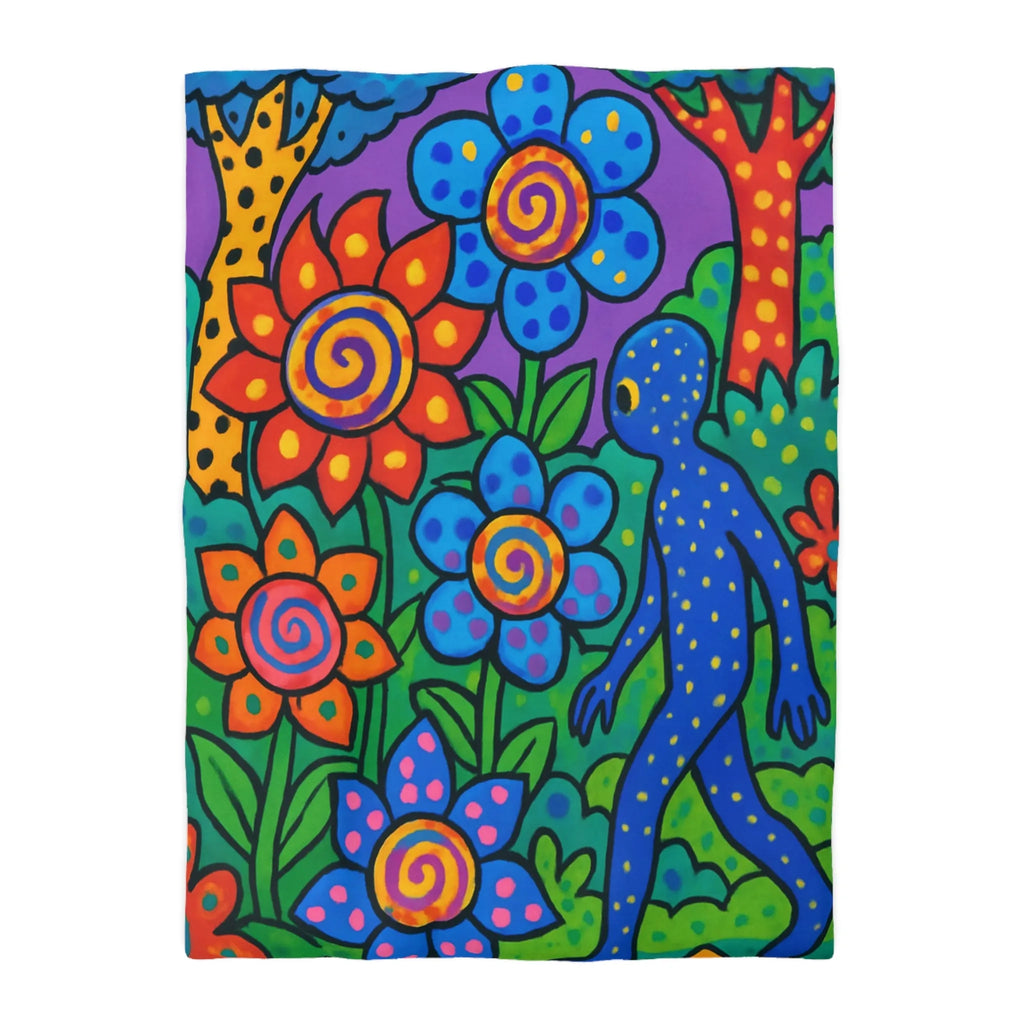 Housse de couette joyeuse avec motifs floraux et créature colorée en jungle vibrante