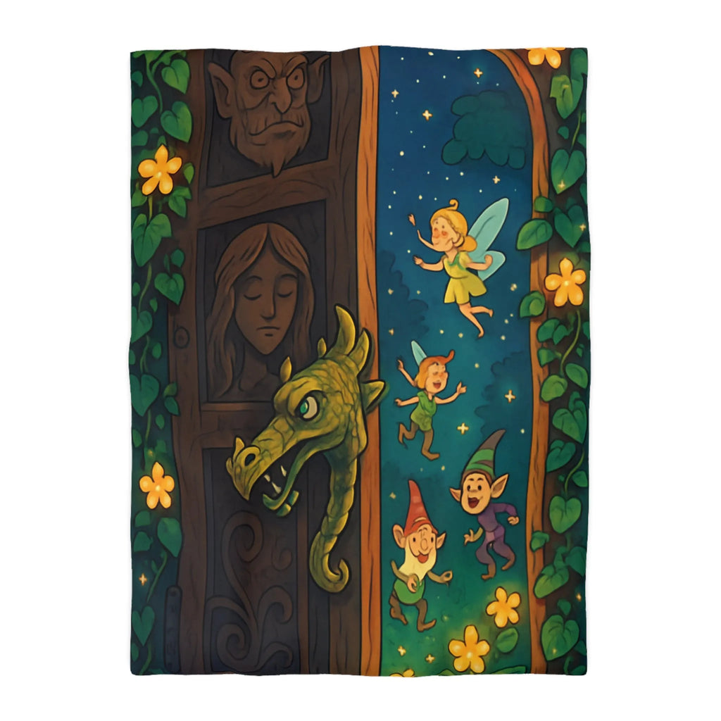 Housse de couette magique avec fées et lutins dans une forêt enchantée la nuit