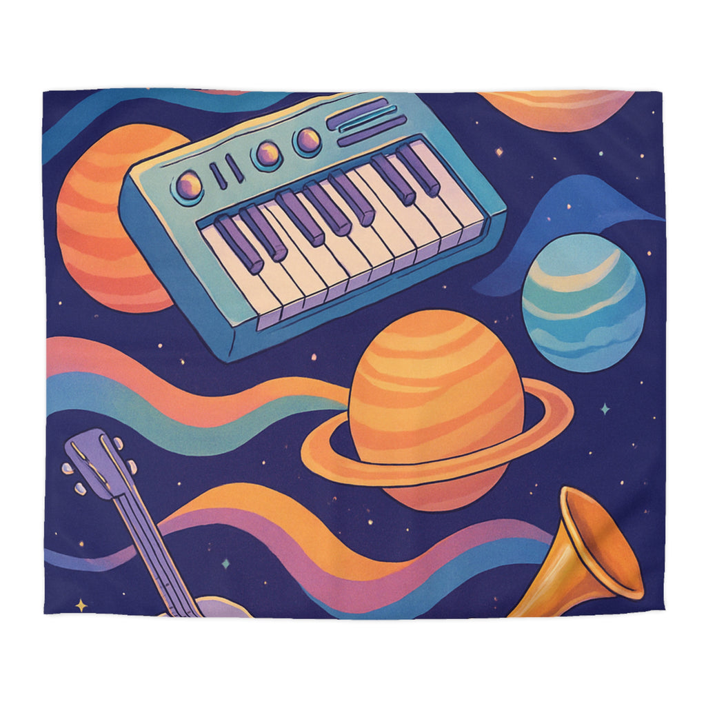 Housse de couette musicale colorée avec espace et instruments dans un univers imaginaire