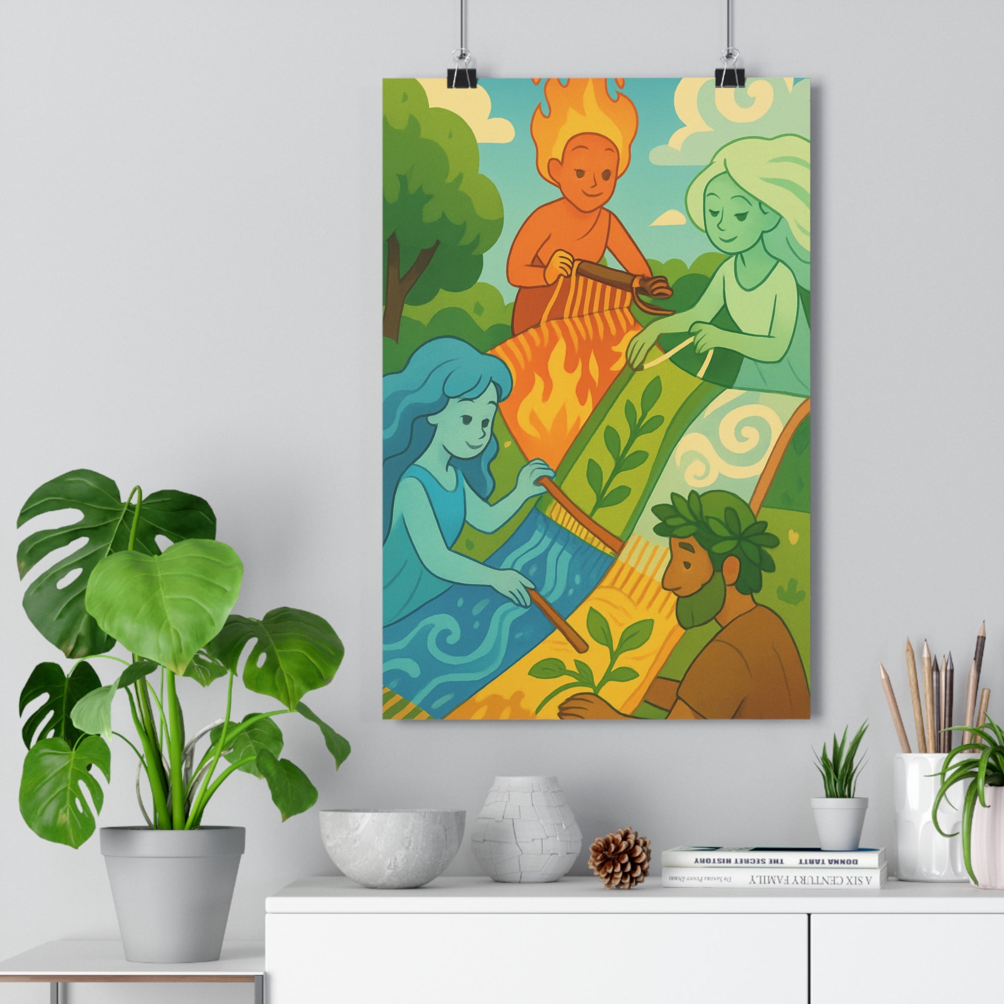 Poster décoratif éléments naturels terre feu eau air vert bleu salon harmonieux écologique moderne