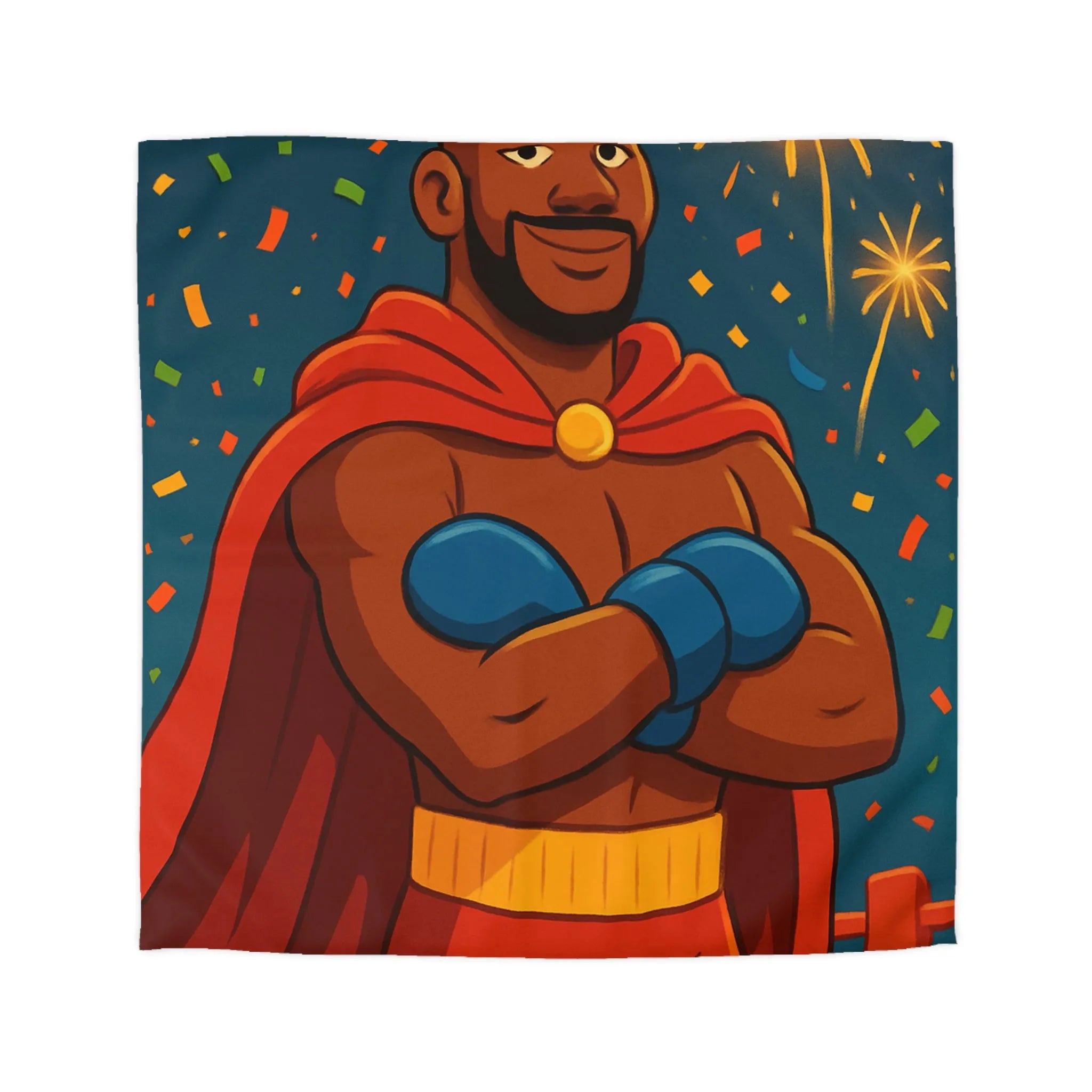 Housse de couette colorée avec boxeur couronné, cape rouge et feux d'artifice