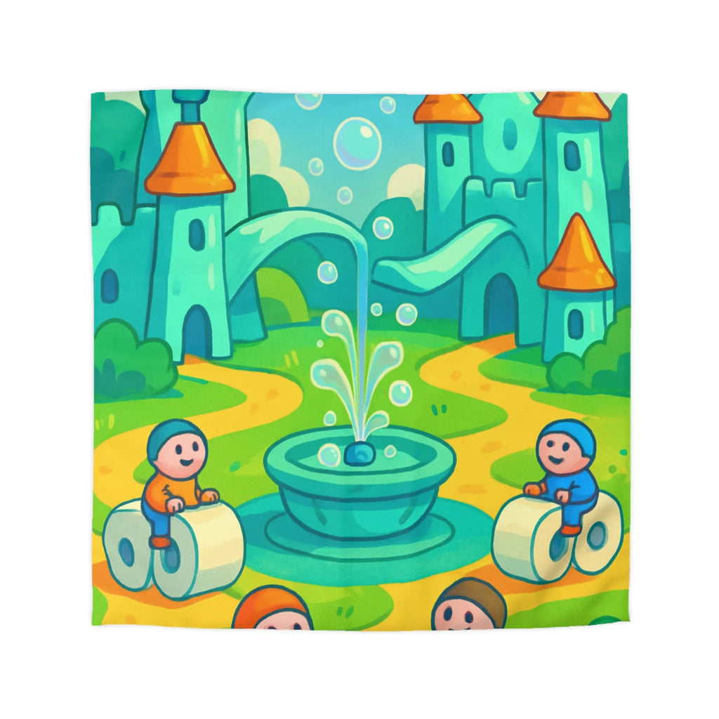 Housse de couette joyeuse avec château et enfants sur routes animées et colorées