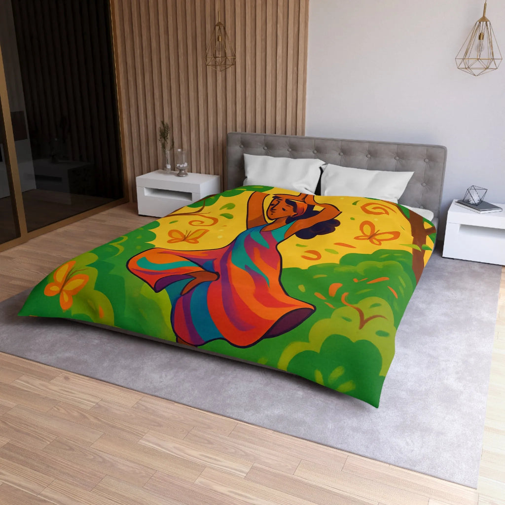 Housse de couette avec illustration apaisante d'une jeune femme méditant en nature