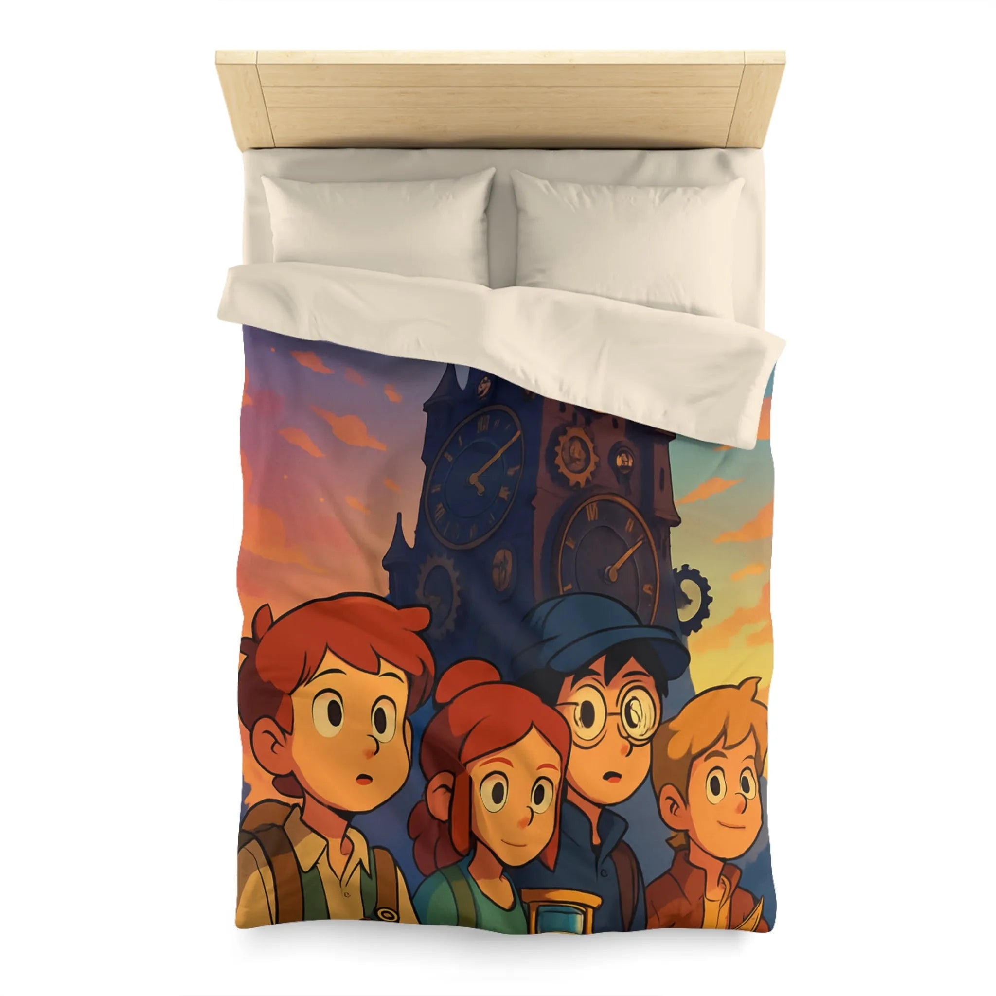 Housse de couette illustrée aventure jeunesse horloges coucher de soleil style animé vibrant