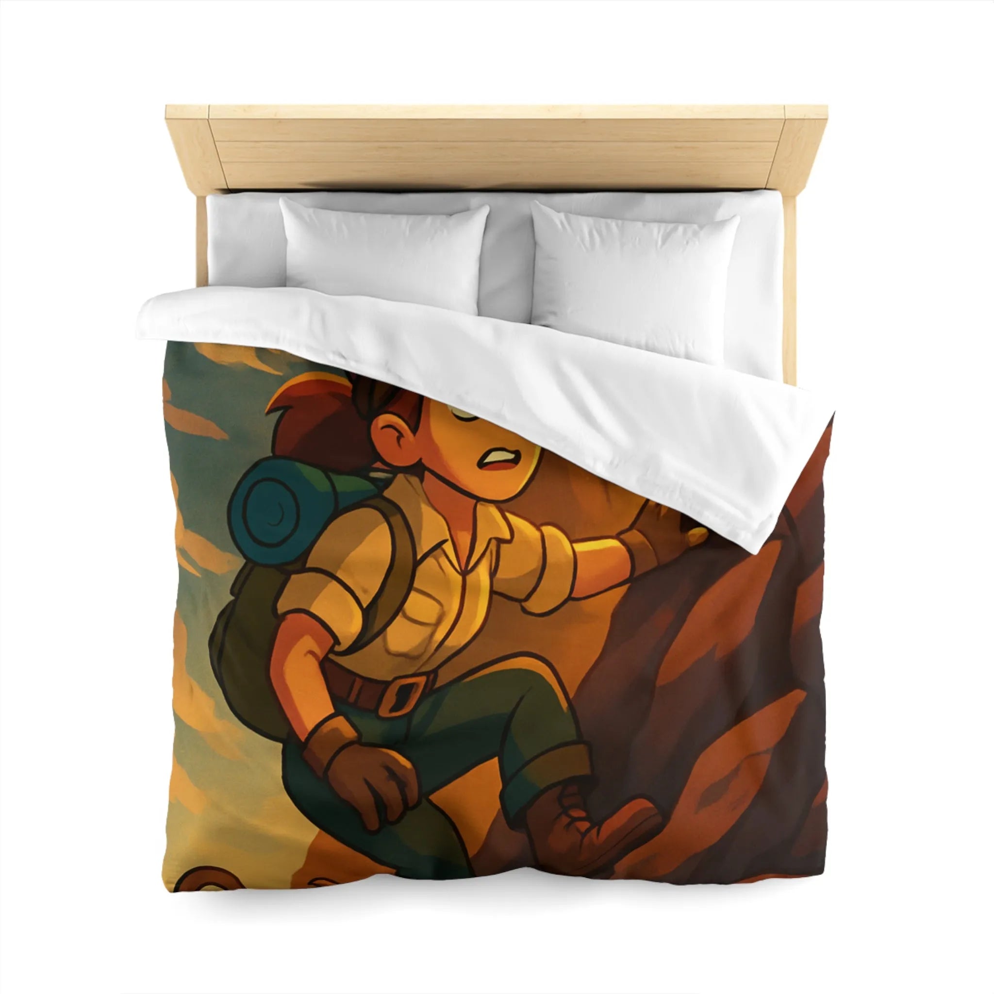 Housse de couette aventure colorée avec jeune explorateur et singe devant grotte lumineuse