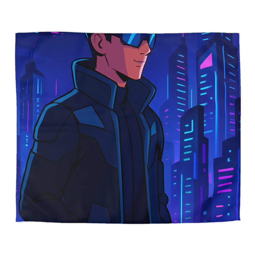 Futuriste Housse de Couette avec Ville Brillante et Homme Élégant en Lunettes