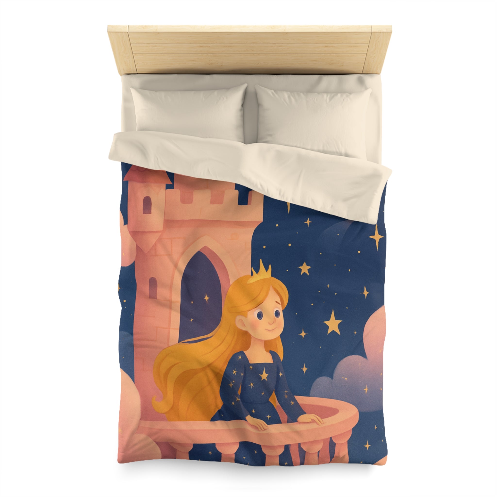 Housse de couette princesse rêveuse château et dragon volant étoiles scintillantes nuit