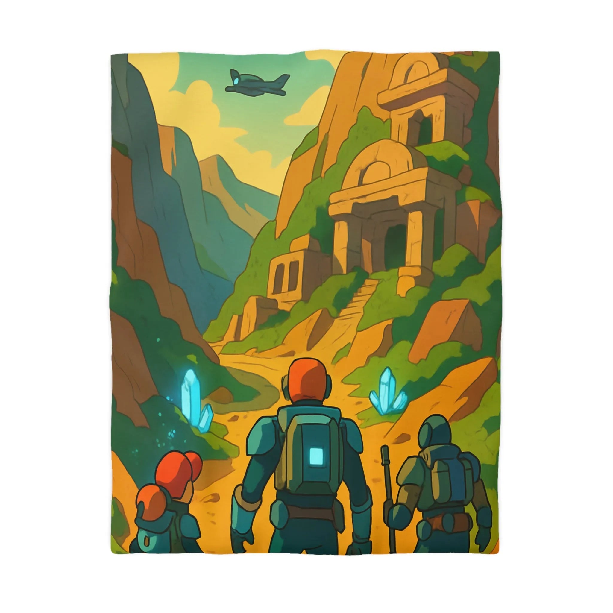 Housse de couette aventure futuriste espace, paysage montagne, explorateurs, vaisseaux et cristaux bleus