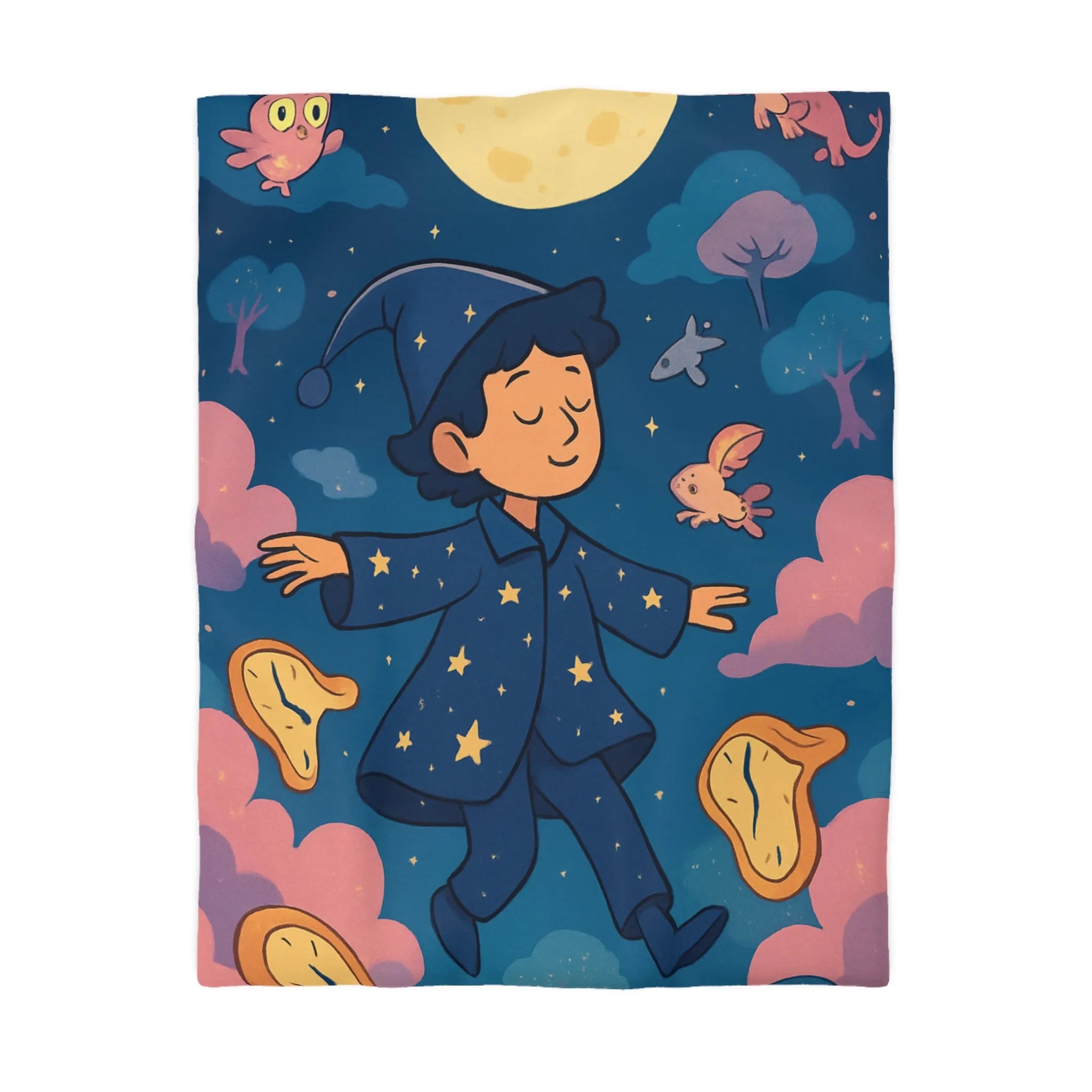 Housse de couette magique avec sorcier enfant rêvant de créatures volantes lunaires