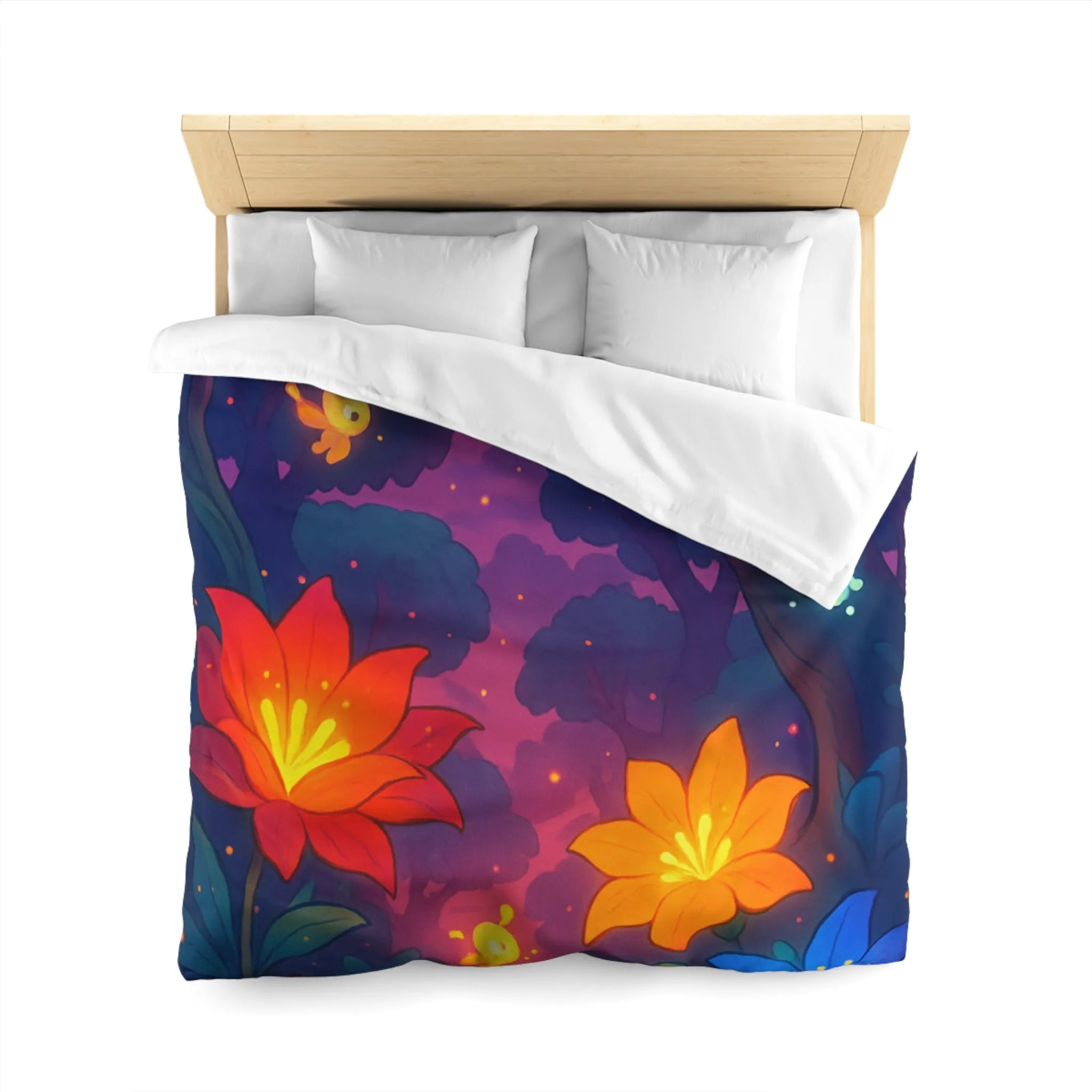 Housse de Couette avec Fleurs Lumineuses et Paysage Enchanté de Forêt Magique Nocturne