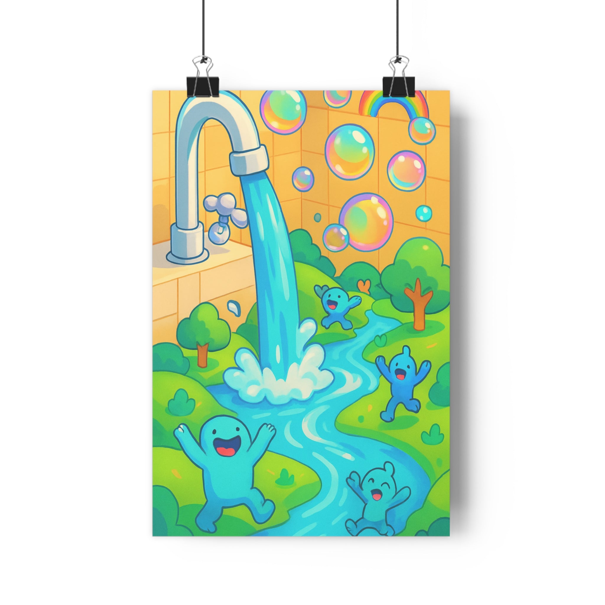 Poster décoratif dessin animé bleu coloré joyeux salle bain ambiance rêveuse personnages arcenciel qualité