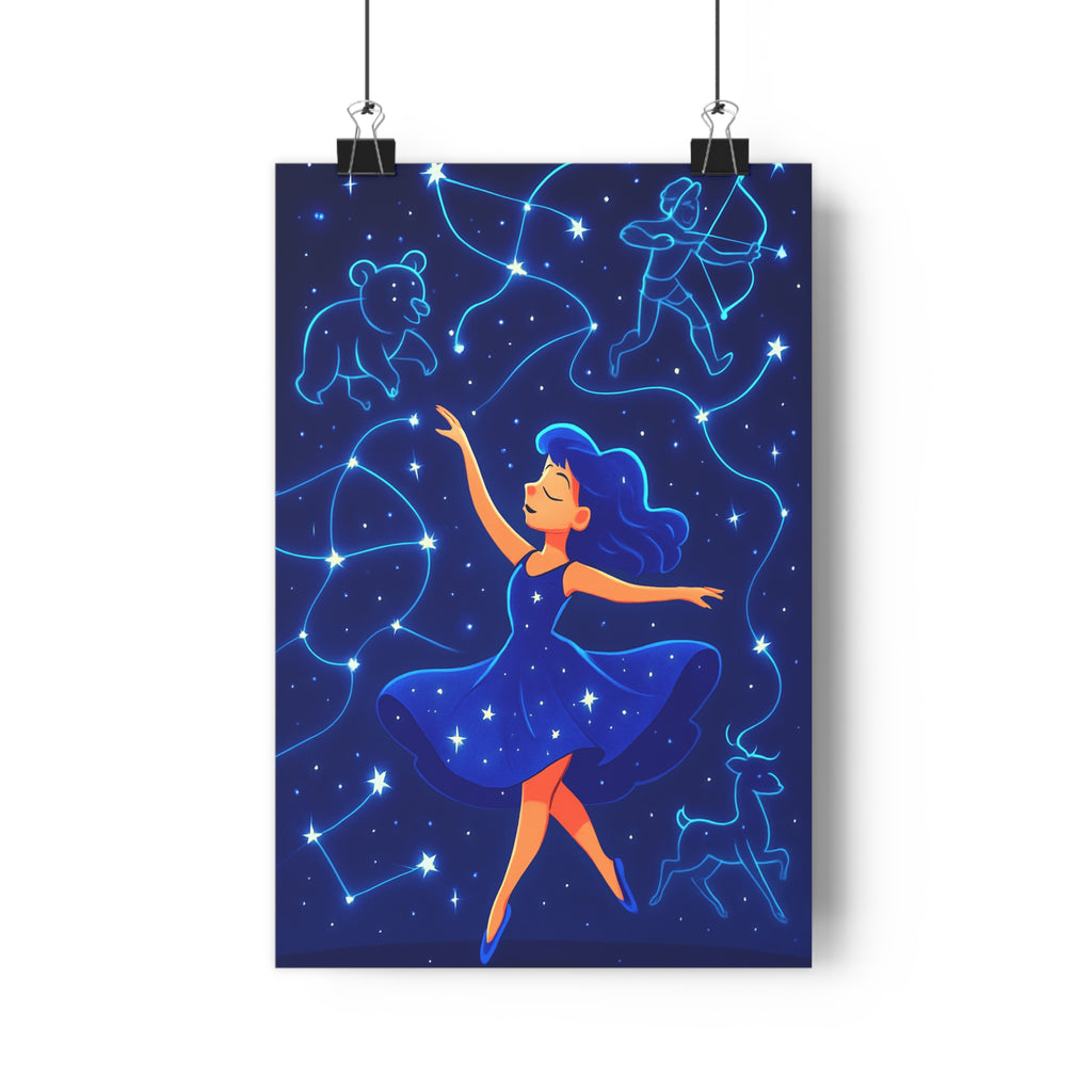 Poster décoratif cosmique bleu lumineux poétique mystique chambre salon enfant fille étoilé constellation danse
