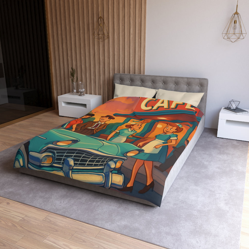 Housse de couette rétro avec illustration de café américain et voiture vintage