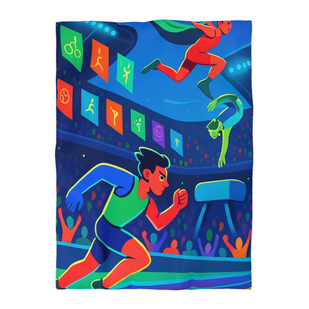 Housse de Couette Artistique avec Athlètes Colorés dans un Stade Saisissant de Nuit
