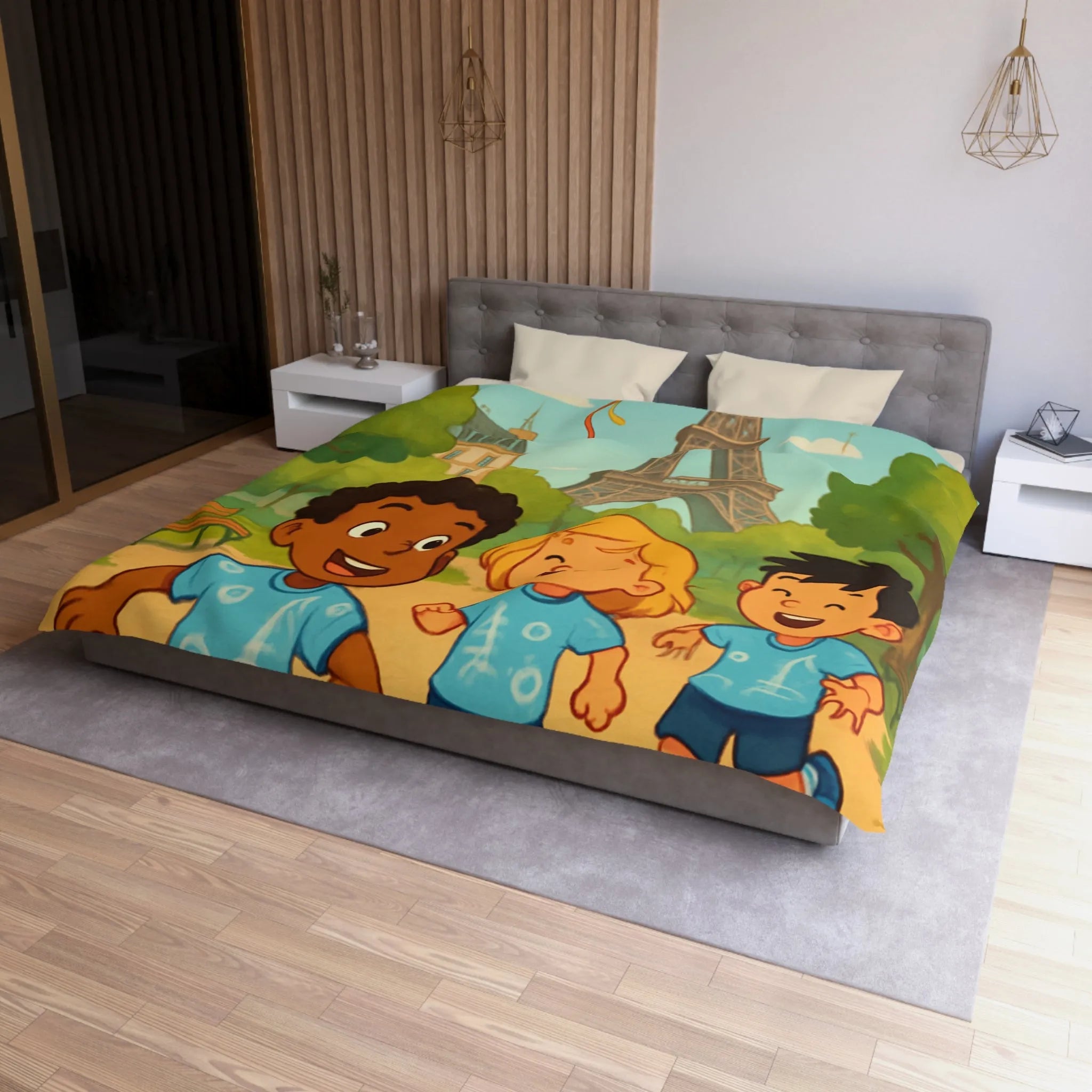 Housse de couette enfant avec tour iconique et cerfs-volants colorés en arrière-plan