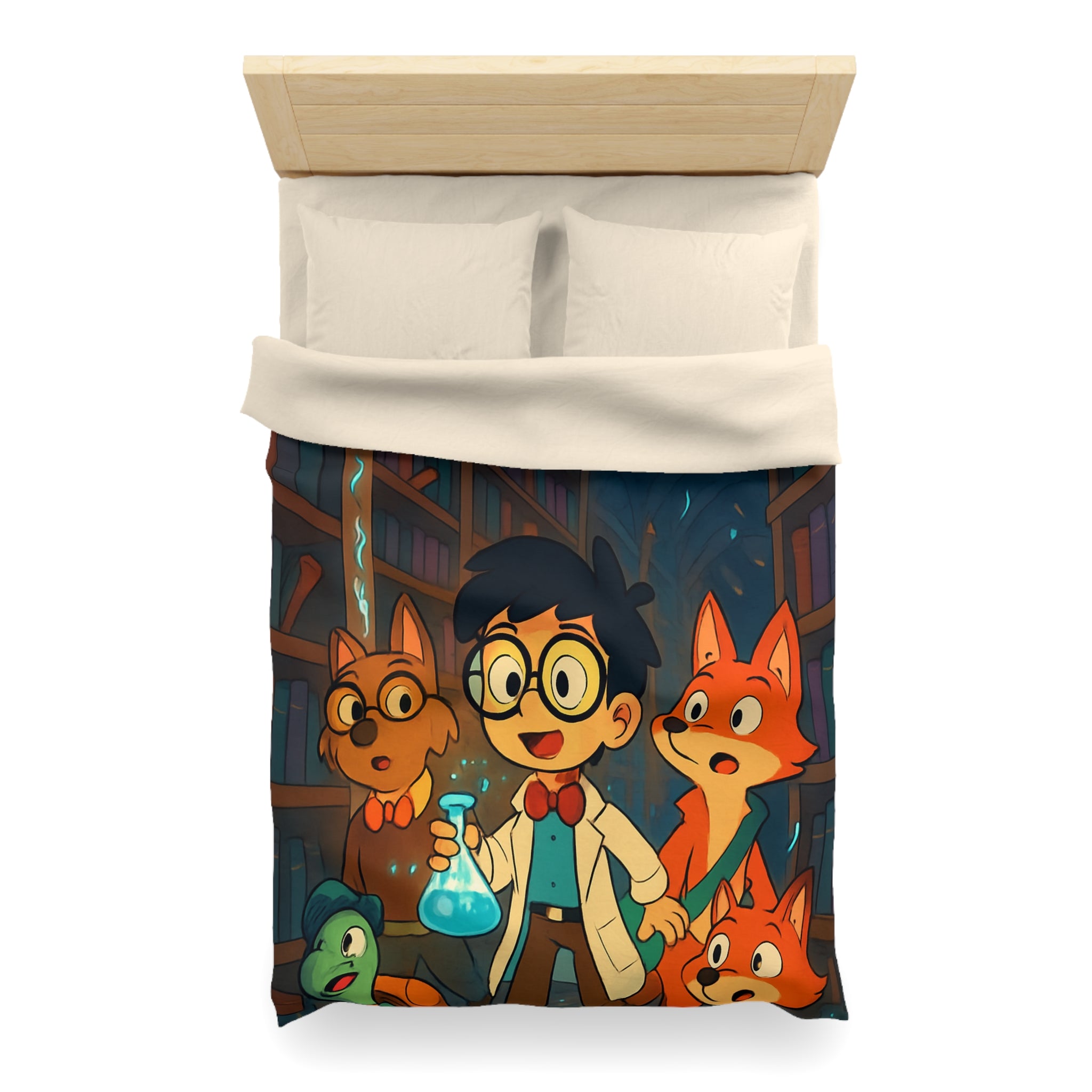 Housse de couette pour enfants avec dessin animé de bibliothèque magique et animaux curieux