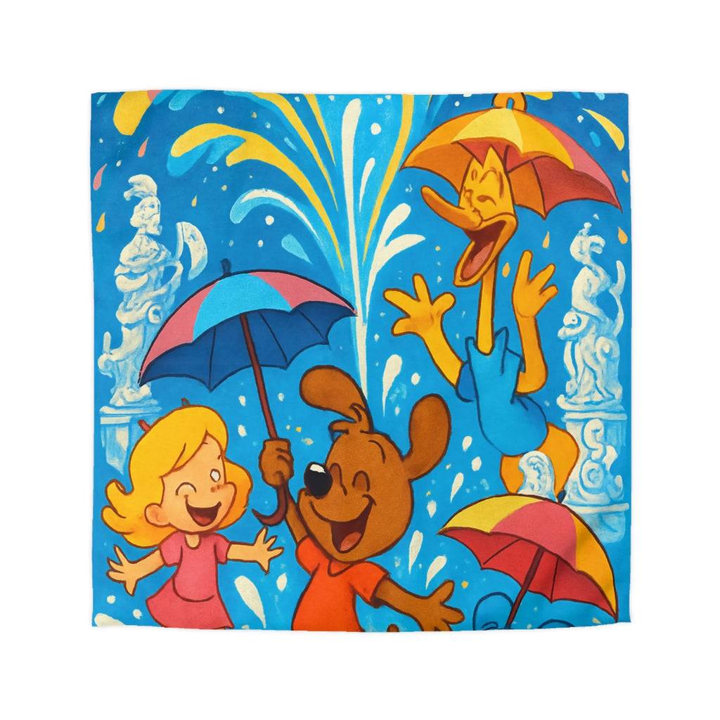 Housse de couette joyeuse avec animaux et enfants sous feux d'artifice colorés