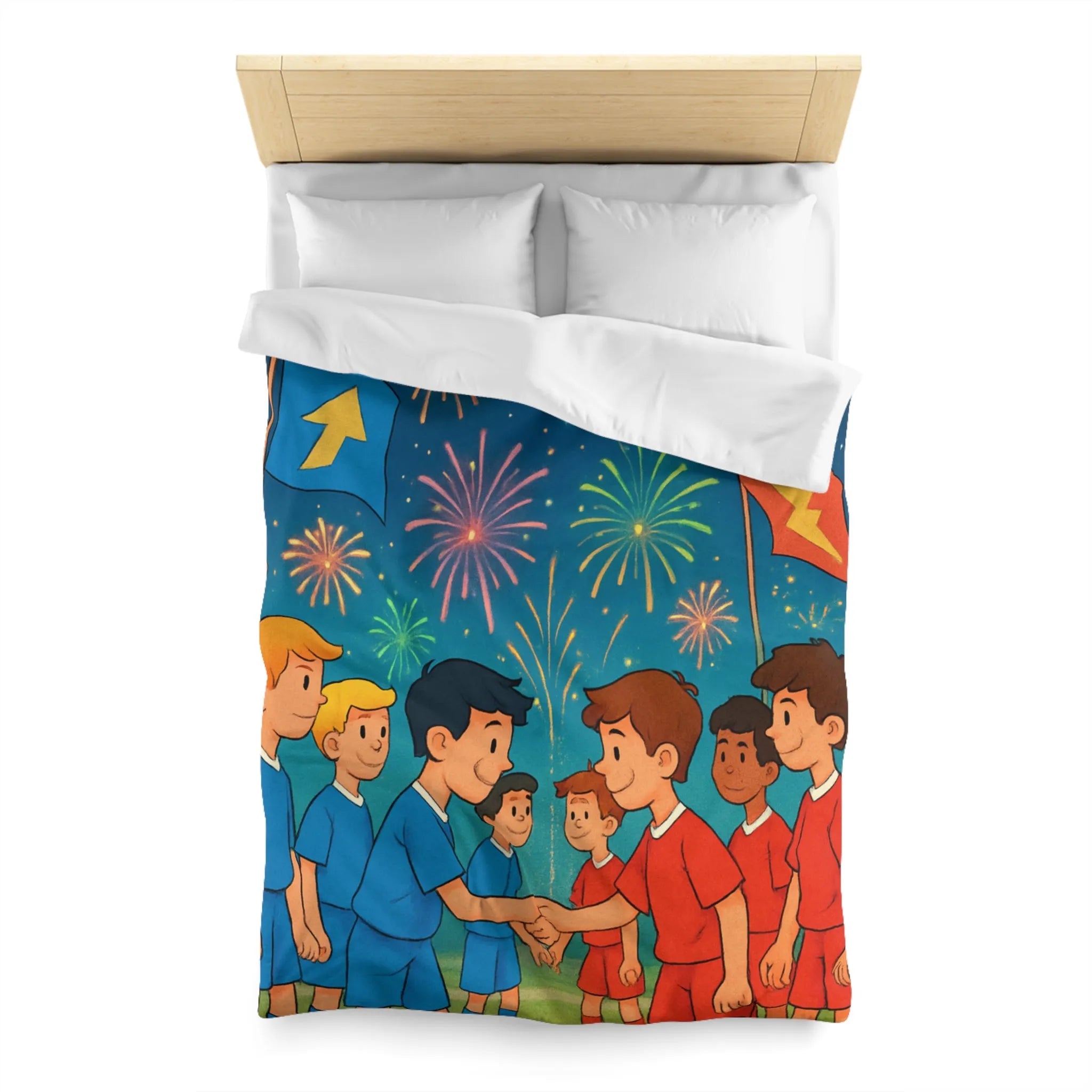 Housse de couette colorée inspirée du football avec feux d'artifice et équipe en action