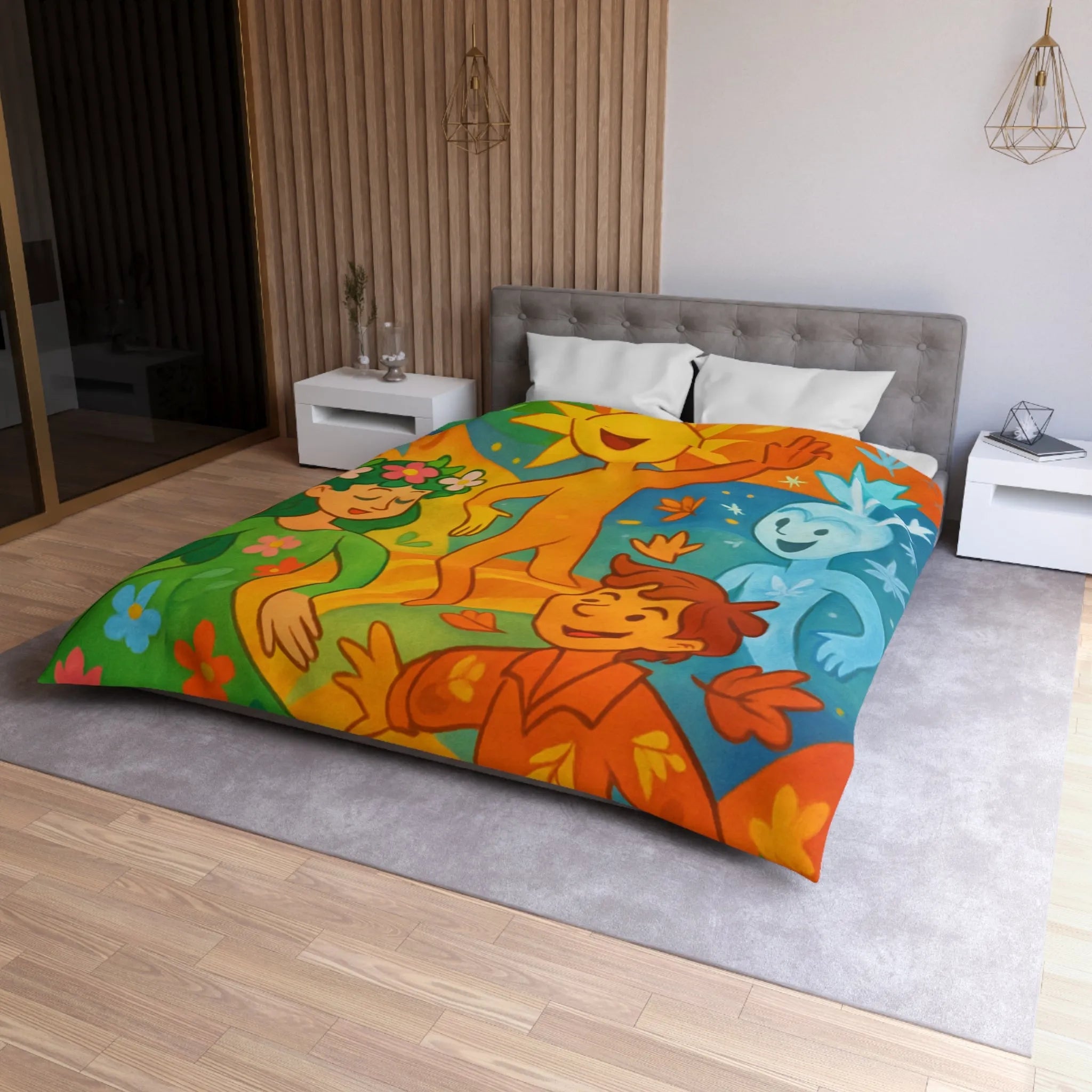 Housse de couette éclatante illustrant les quatre saisons dans un design ludique et coloré