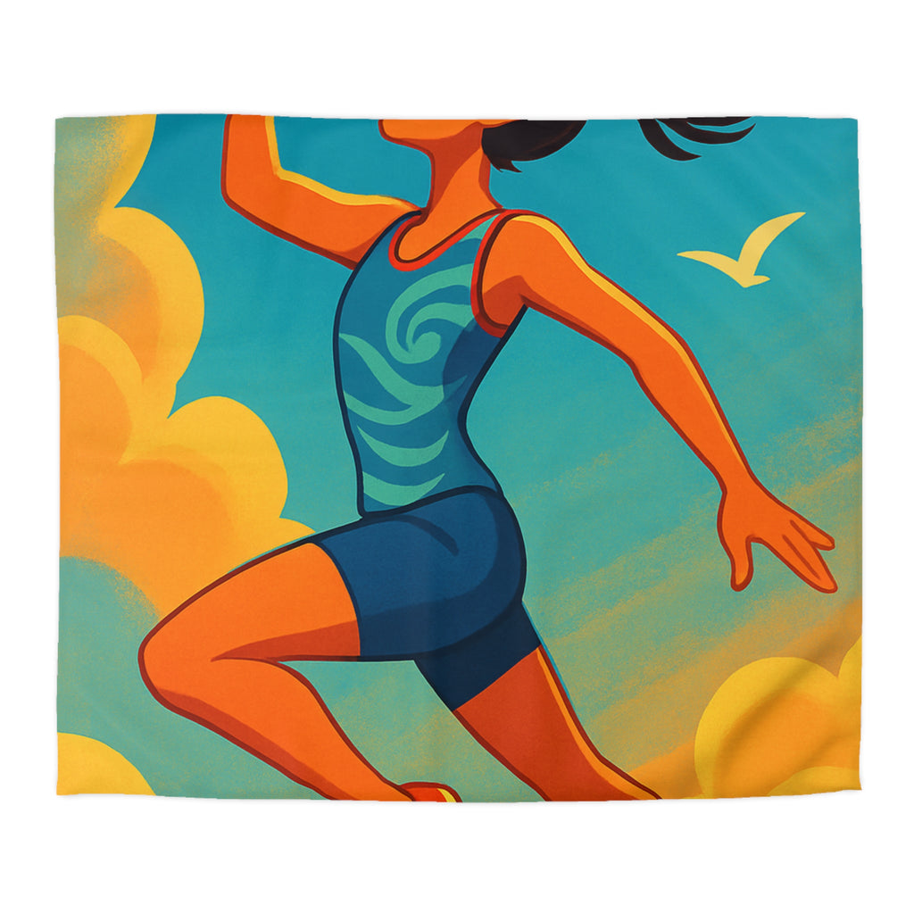 Housse de couette sportive colorée, femme jouant freesbee sous ciel bleu dynamique ultime